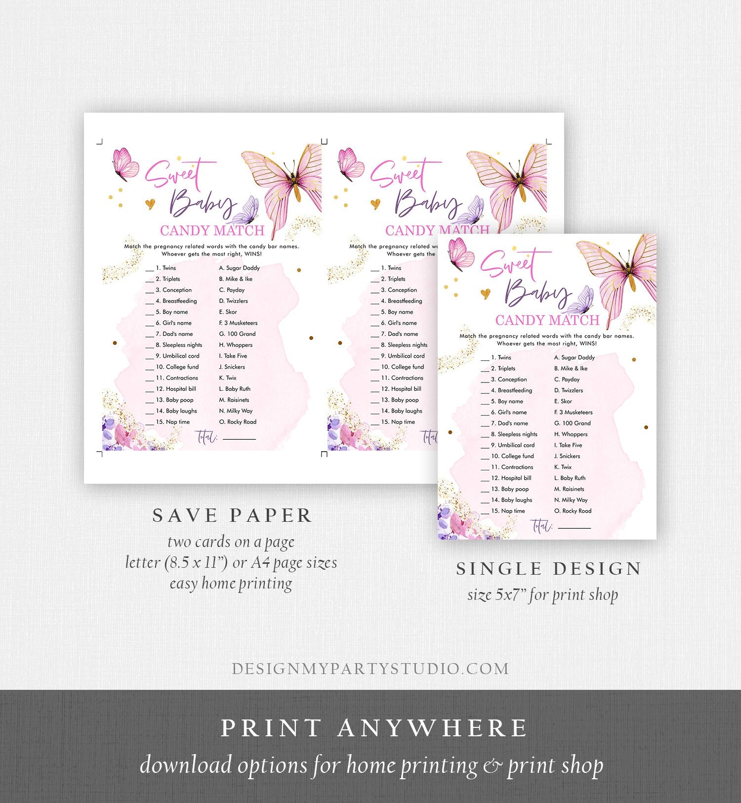 Editable Sweet Baby Candy Match Baby Shower Game Butterfly Baby Shower Floral Butterflies Lilac Pink Activity Corjl Template Printable 0437