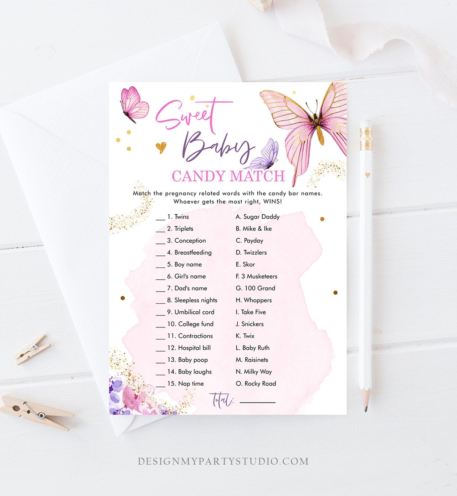 Editable Sweet Baby Candy Match Baby Shower Game Butterfly Baby Shower Floral Butterflies Lilac Pink Activity Corjl Template Printable 0437