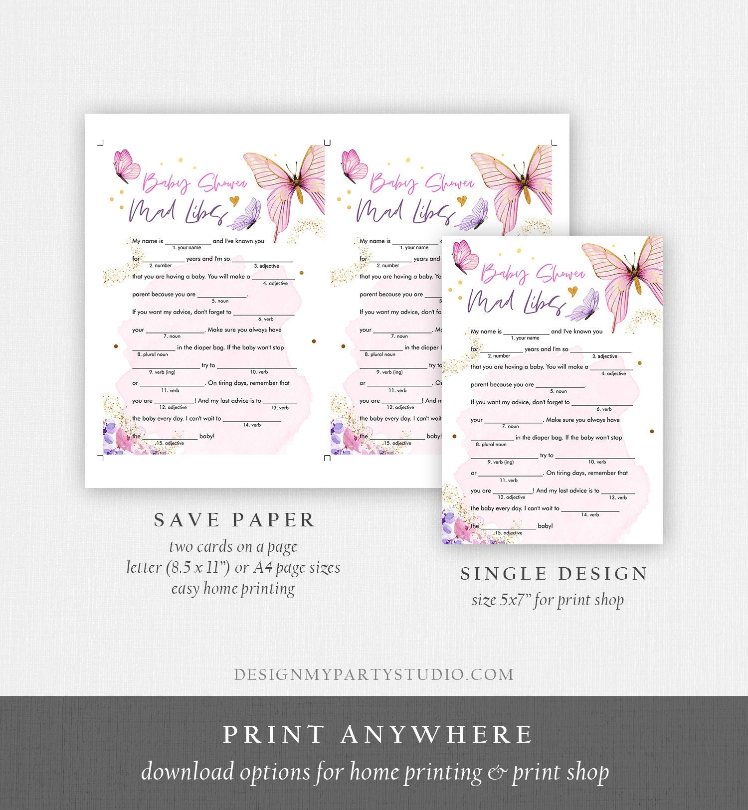 Editable Baby Shower Mad Libs Game Butterfly Baby Shower Floral Butterflies Pink Purple Lilac Activity Corjl Template Printable 0437