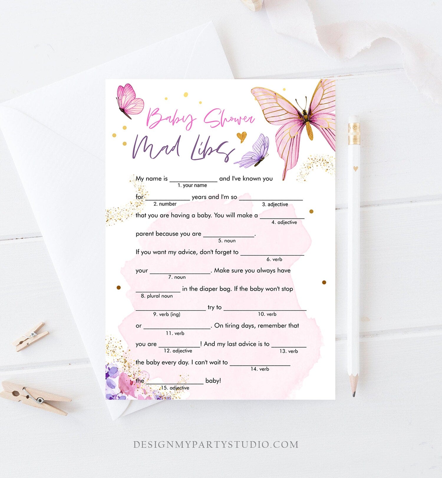 Editable Baby Shower Mad Libs Game Butterfly Baby Shower Floral Butterflies Pink Purple Lilac Activity Corjl Template Printable 0437