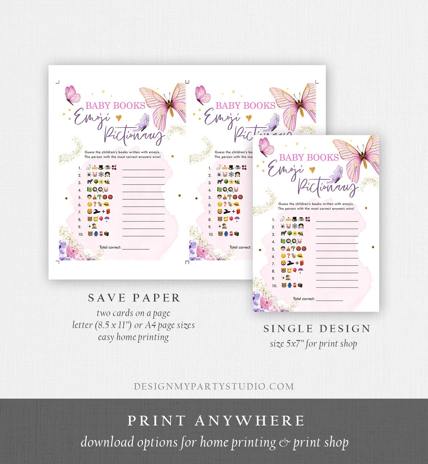 Editable Emoji Pictionary Baby Shower Game Butterfly Baby Books Floral Butterflies Pink Purple Lilac Activity Corjl Template Printable 0437