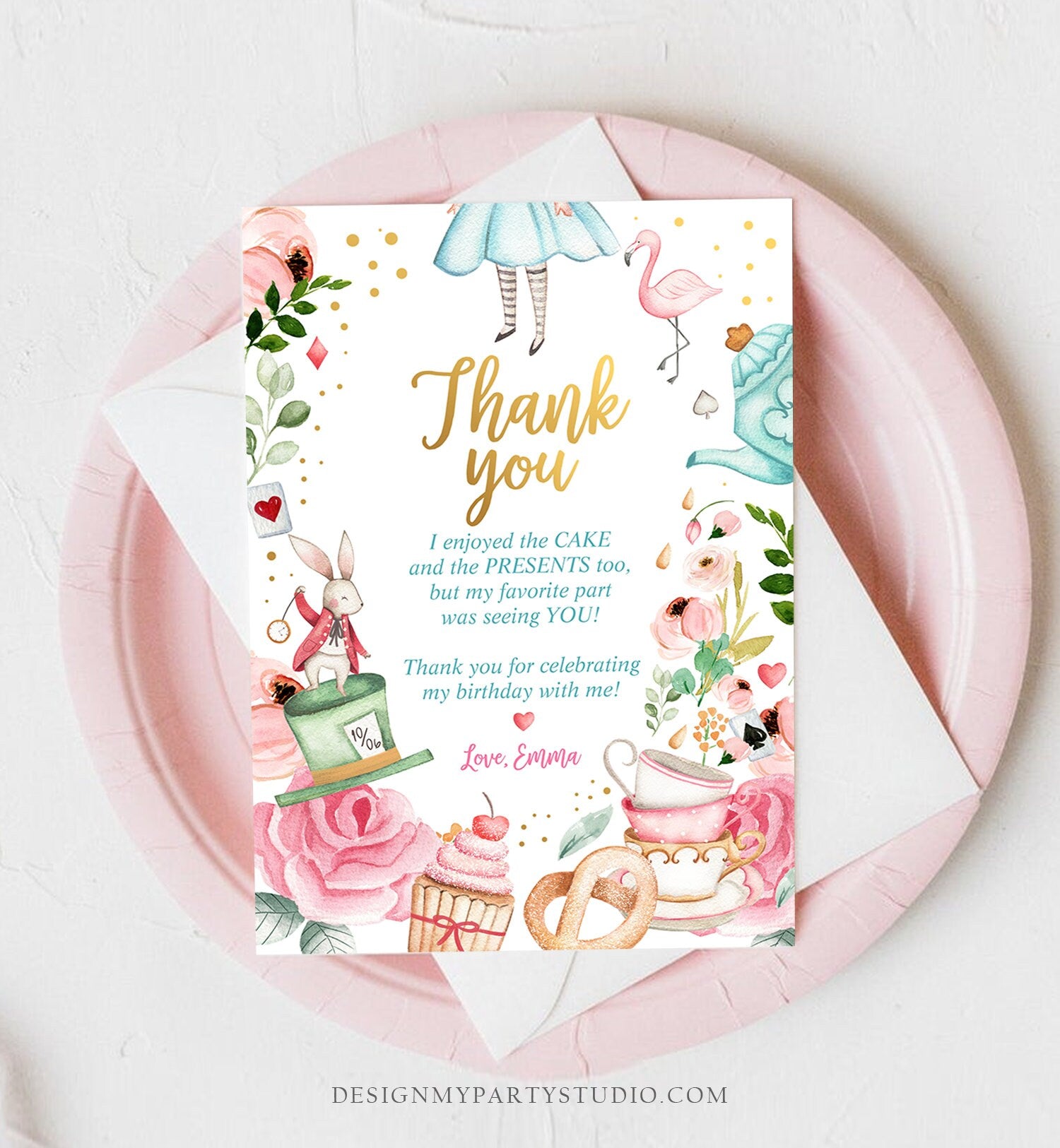 Editable Alice In Wonderland Thank You Card Girl First Birthday 1st Onederland Tea Party Thank You Printable Template Corjl Digital 0350