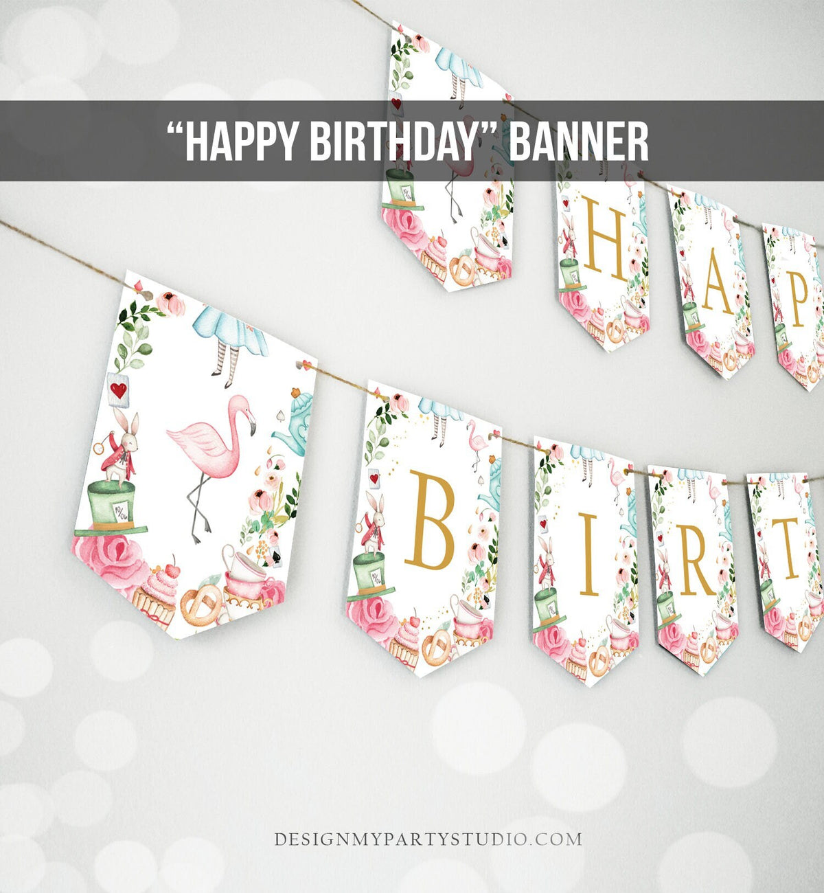 Alice in Onederland Happy Birthday Banner Alice in Wonderland Bunting Girl Pink Mad Hatter Tea Party Decor Garland PRINTABLE Digital 0350