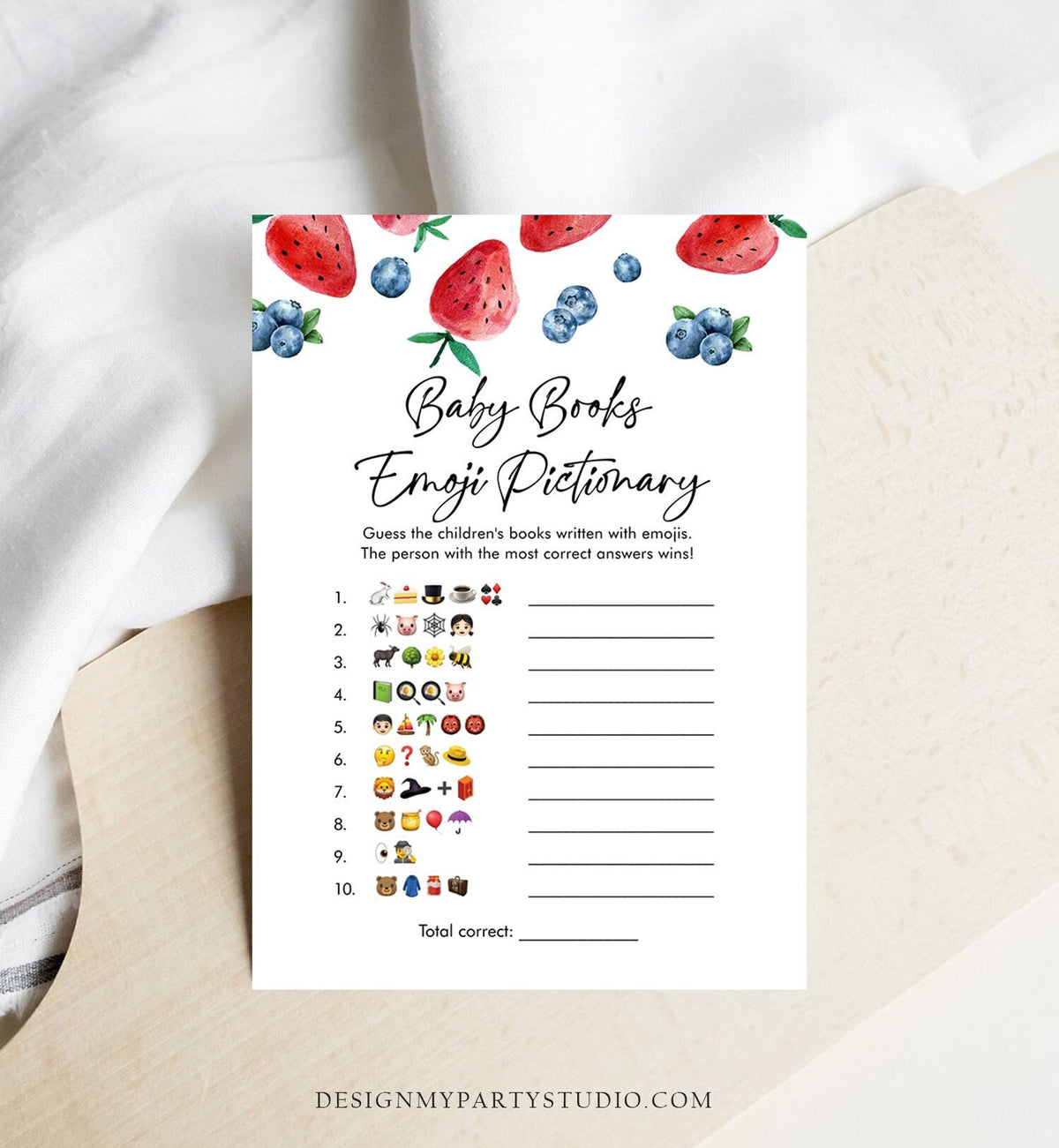 Editable Baby Book Pictionary Baby Shower Game Emoji Strawberry Blueberry Baby Shower Berry Sweet Download Corjl Template Printable 0399