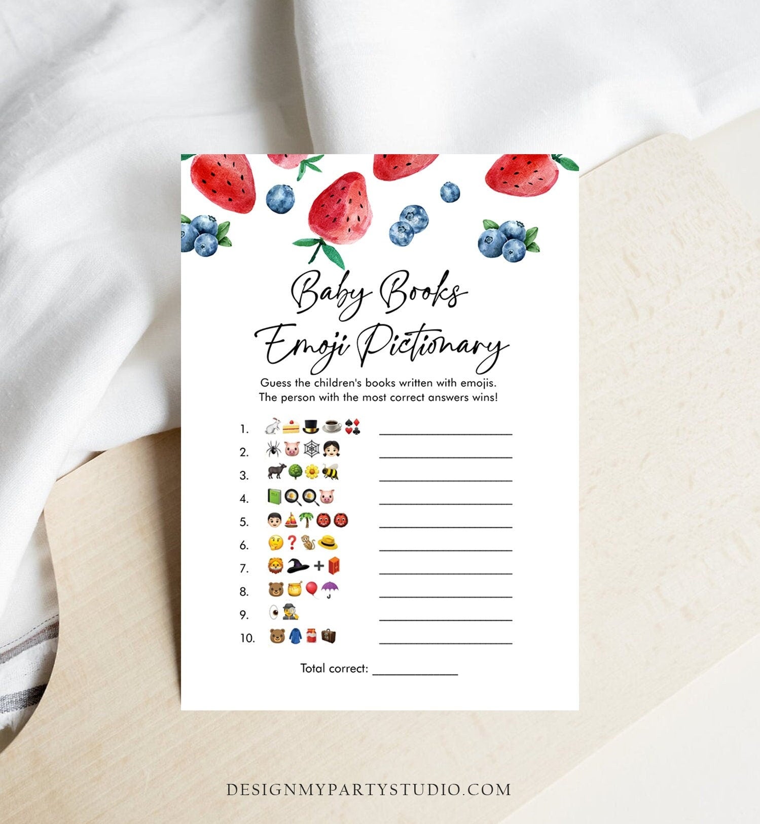 Editable Baby Book Pictionary Baby Shower Game Emoji Strawberry Blueberry Baby Shower Berry Sweet Download Corjl Template Printable 0399