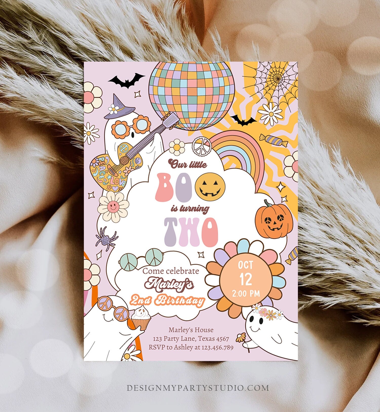 Editable Groovy Halloween 2nd Birthday Invitation Pink Ghost Party Girl Boo Spooktacular Spooky Party Download Printable Template Corjl 0471