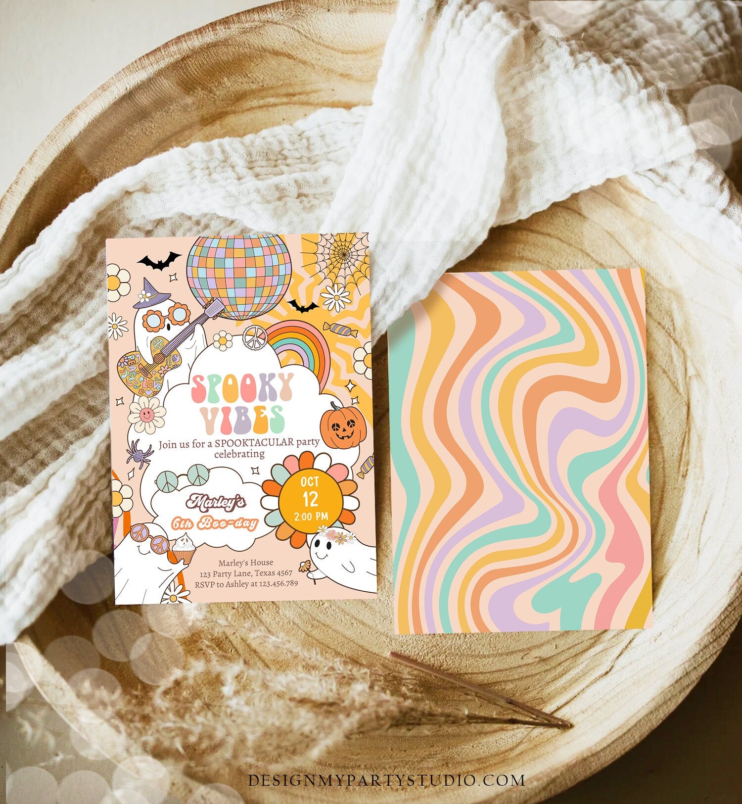 Editable Groovy Halloween Birthday Invitation Pink spooky Vibes Ghost Party Girl Spooktacular Spooky Download Printable Template Corjl 0471