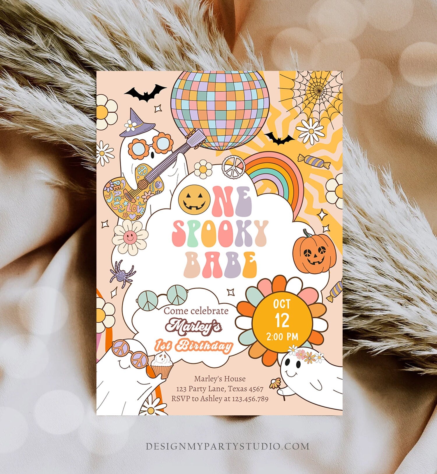 Editable Groovy Halloween 1st Birthday Invitation One Spooky Babe Pink Ghost Party Girl Spooktacular Download Printable Template Corjl 0471