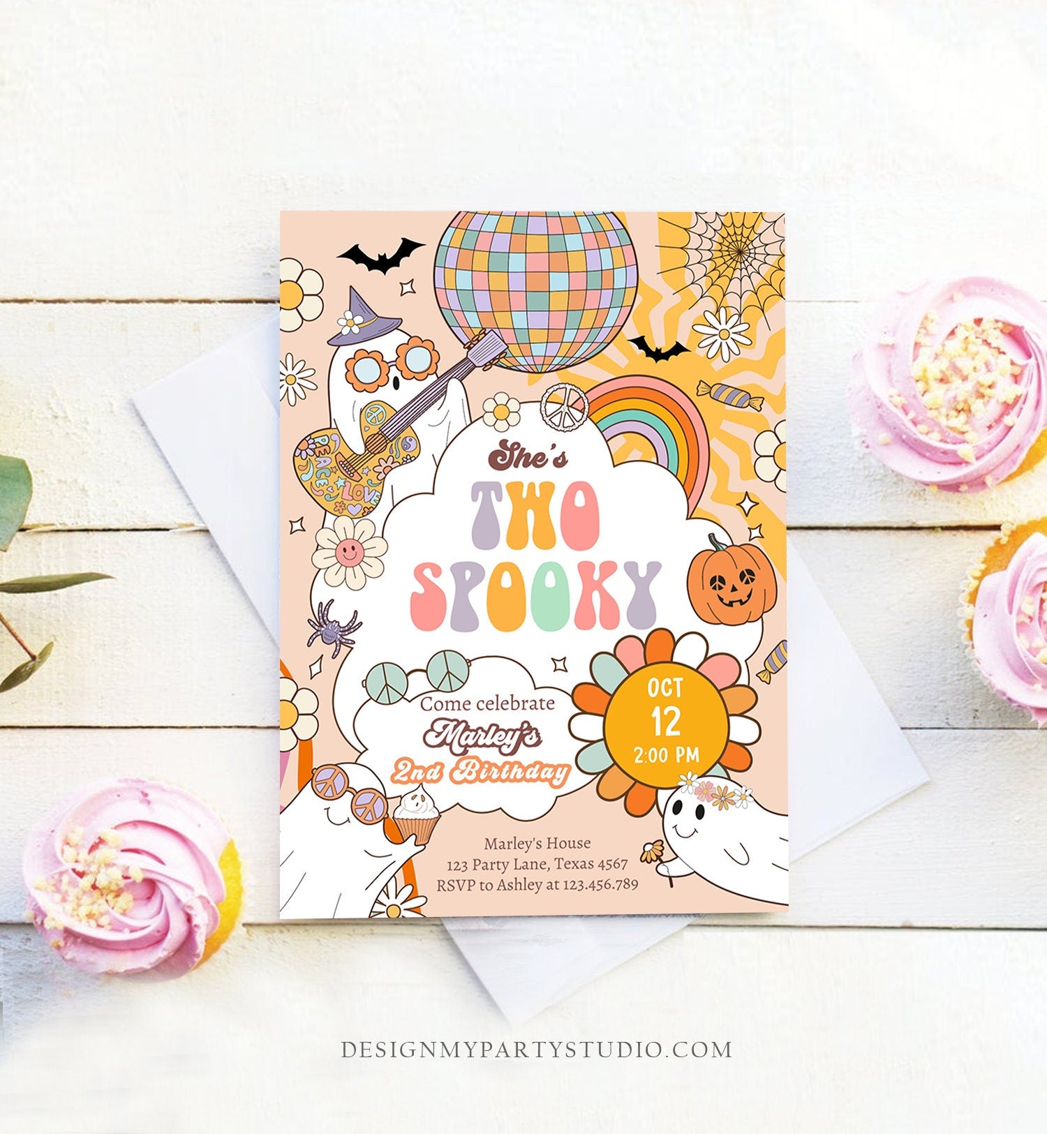 Editable Groovy Halloween Two Spooky Birthday Invitation Pink Ghost Party Girl Boo Spooktacular Party Download Printable Template Corjl 0471