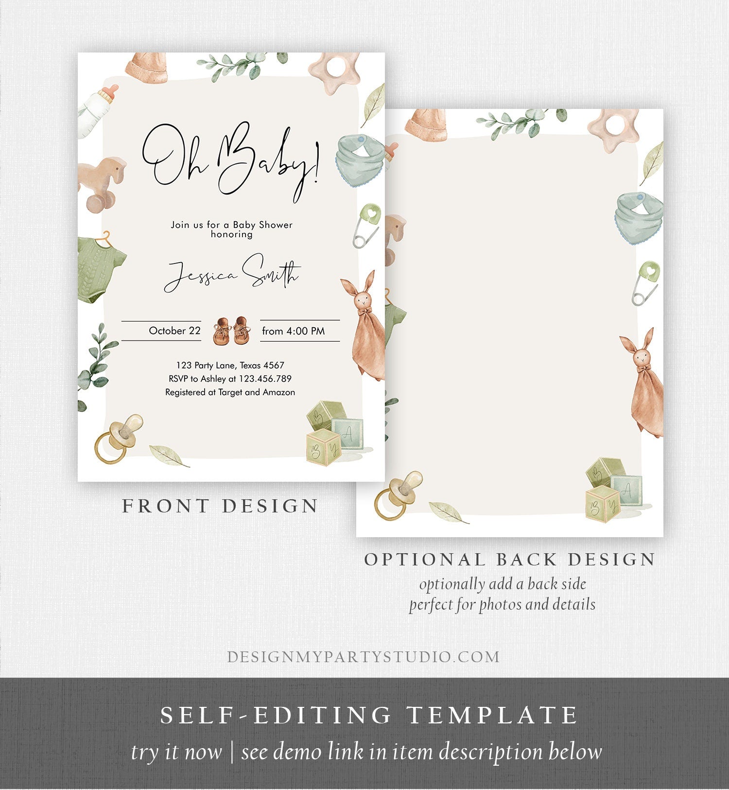 Editable Oh Baby Shower Invitation Boho Baby Shower Invitation Coed Shower Baby Clothes Rustic Boy Download Printable Template Corjl 0470