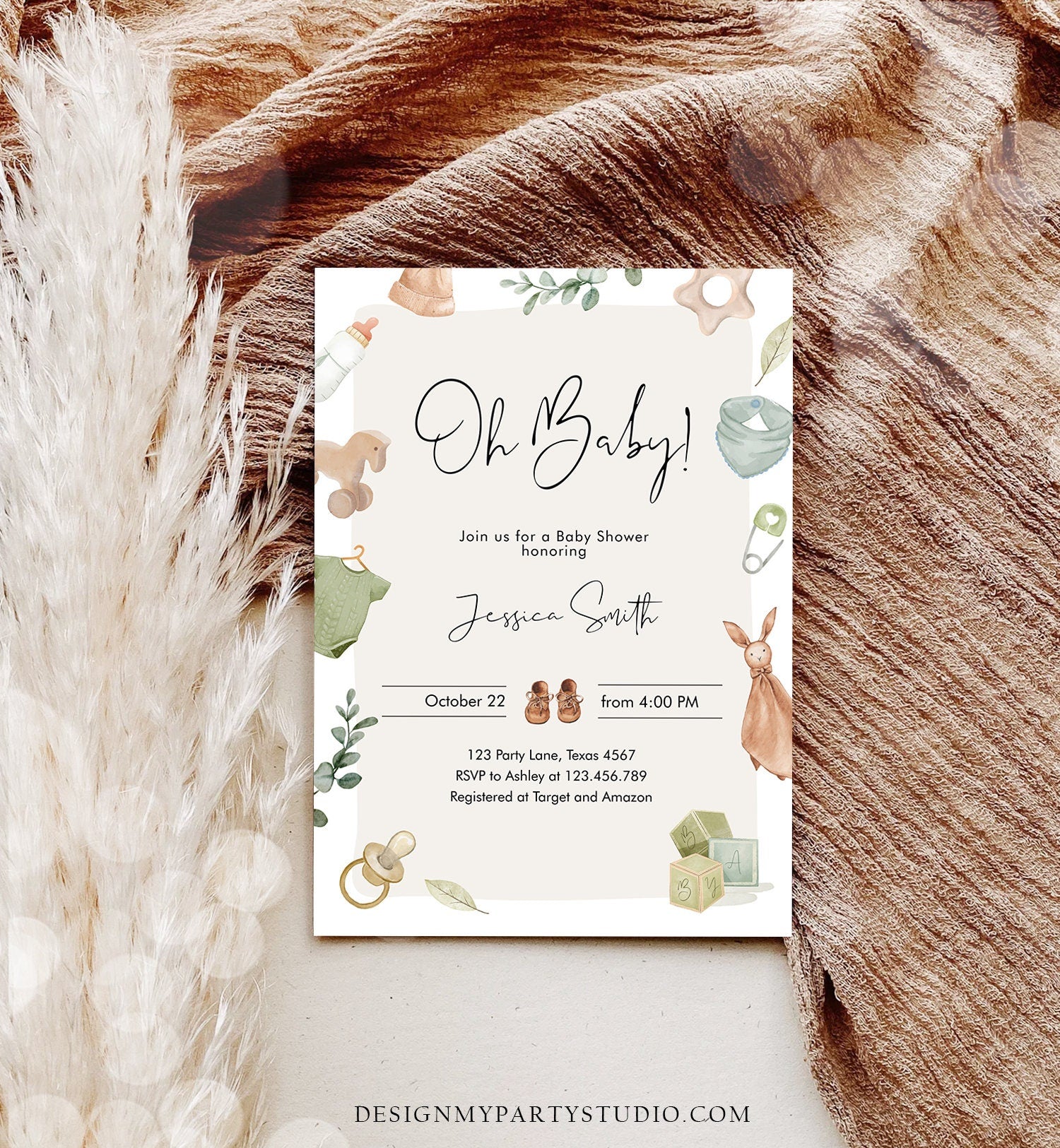 Editable Oh Baby Shower Invitation Boho Baby Shower Invitation Coed Shower Baby Clothes Rustic Boy Download Printable Template Corjl 0470