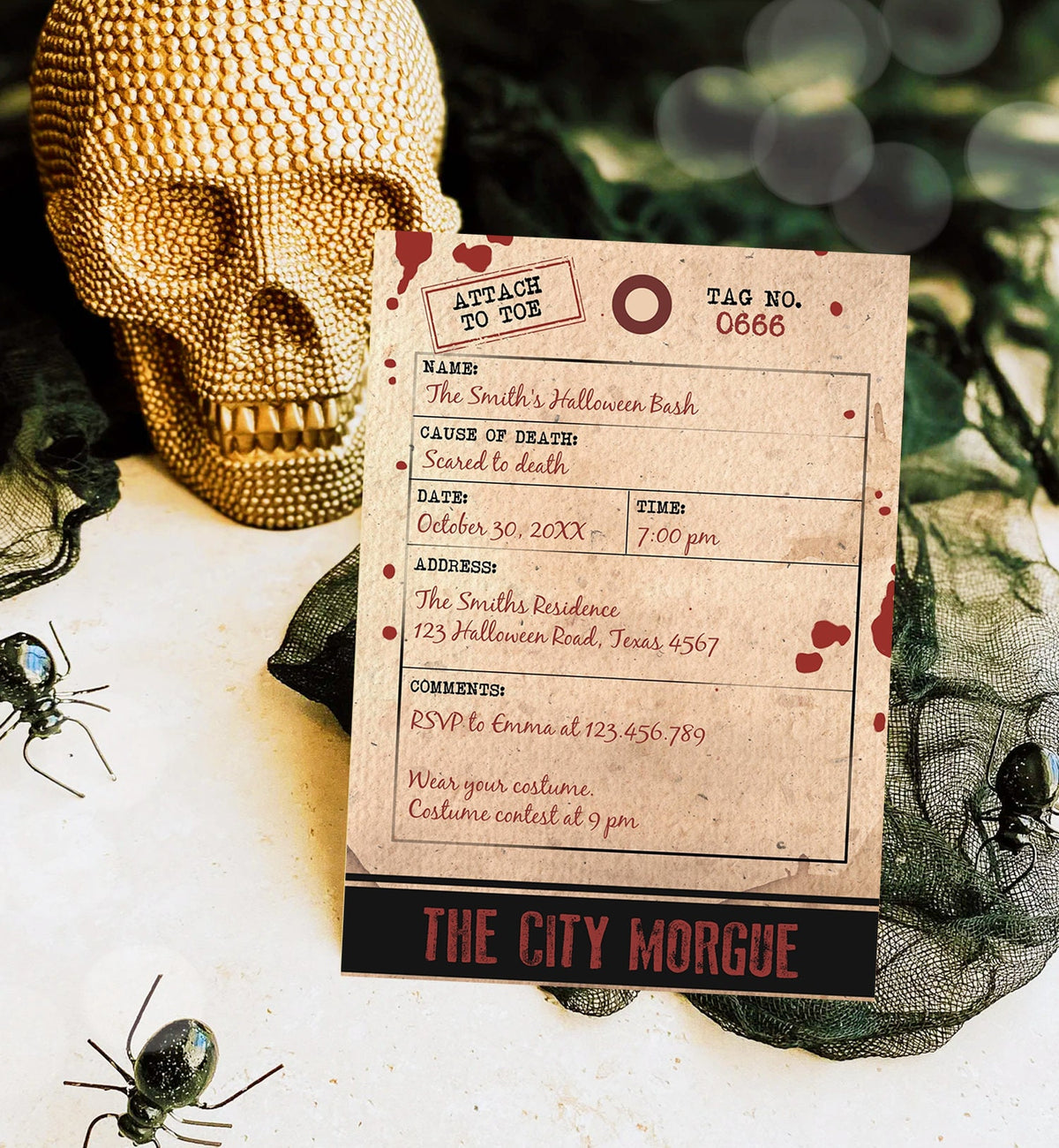 Editable Halloween Bash Invitation for Adults Halloween Party Vintage Toe Tag Invitation Scary Morgue Download Printable Template Corjl