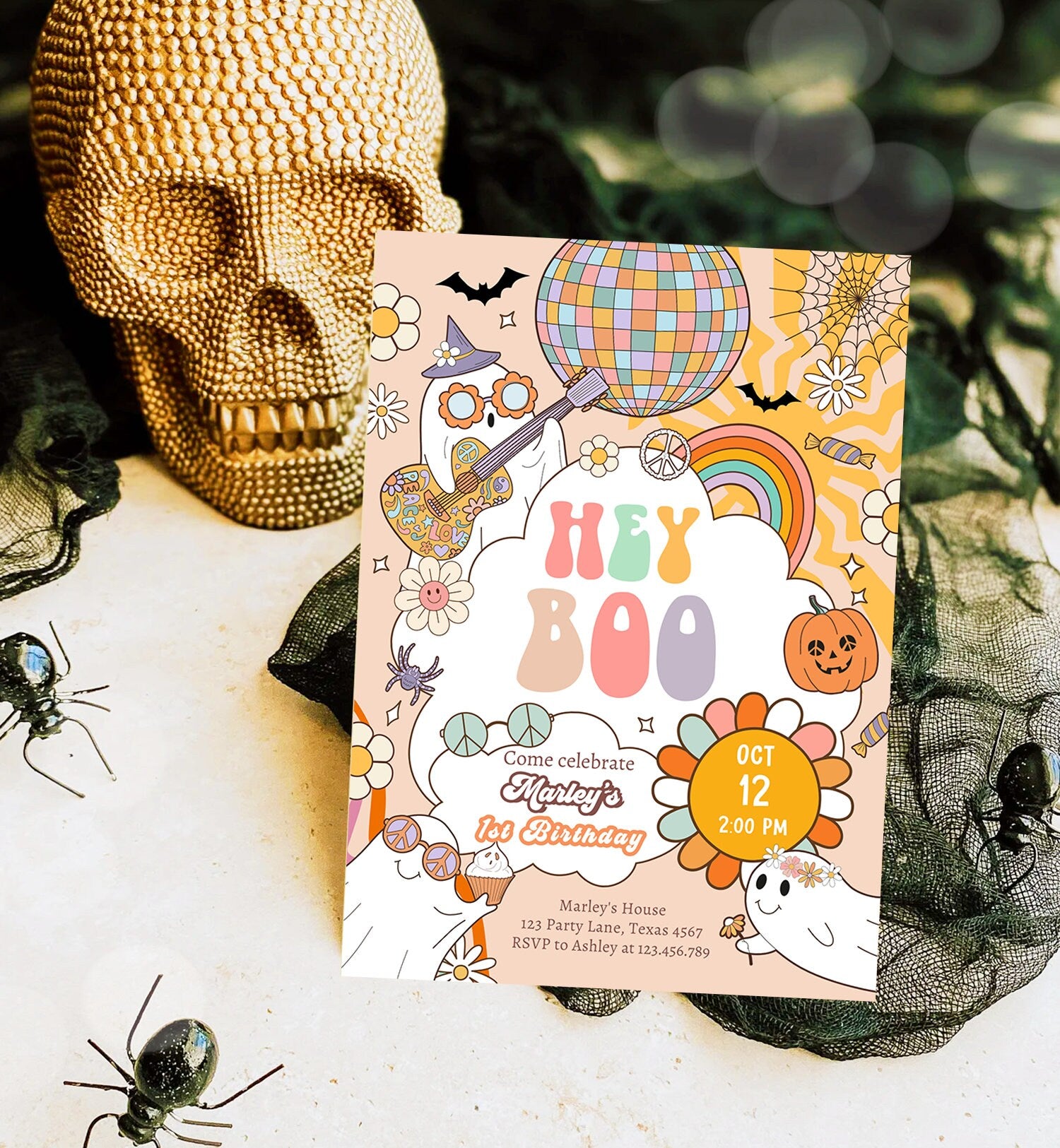 Editable Hey Boo Groovy Halloween Birthday Invitation Pink Ghost Party Girl Boo Spooktacular Download Printable Template Corjl 0009 0471