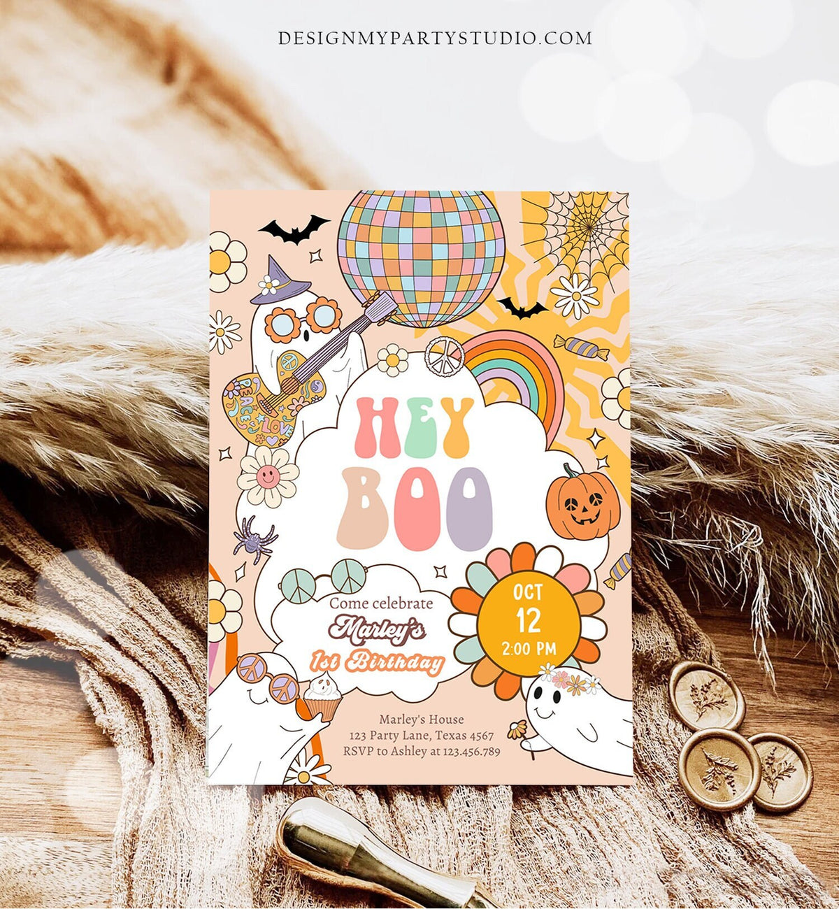 Editable Hey Boo Groovy Halloween Birthday Invitation Pink Ghost Party Girl Boo Spooktacular Download Printable Template Corjl 0009 0471