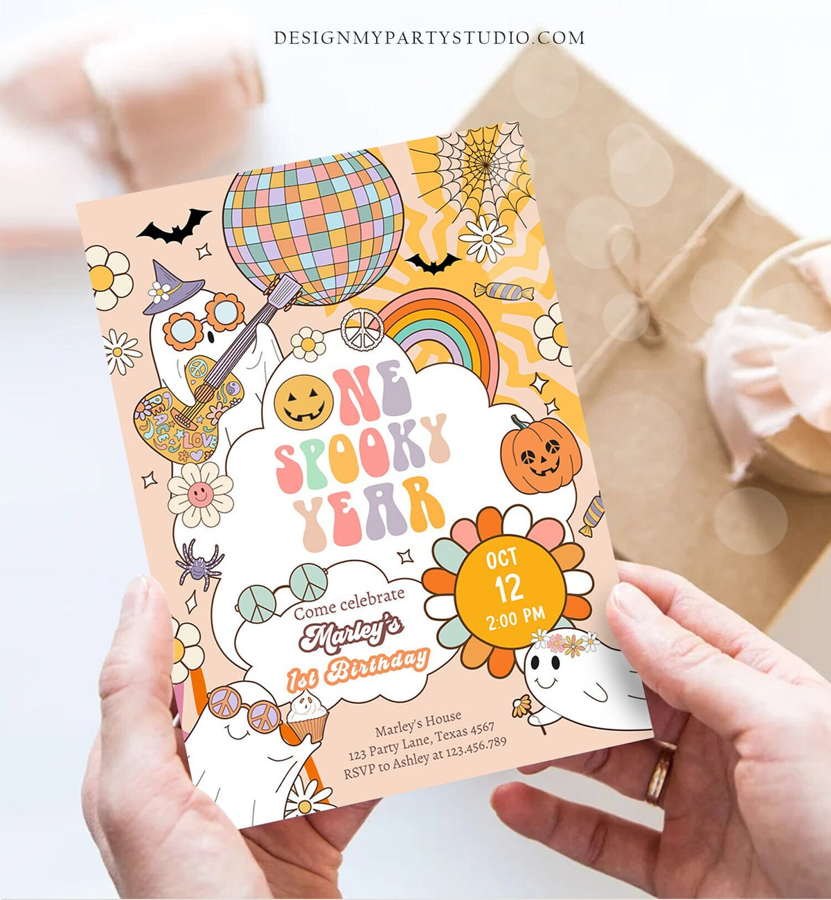 Editable One Spooky Year Groovy Halloween 1st Birthday Invitation Pink Ghost Girl Spooktacular Download Printable Template Corjl 0009 0471