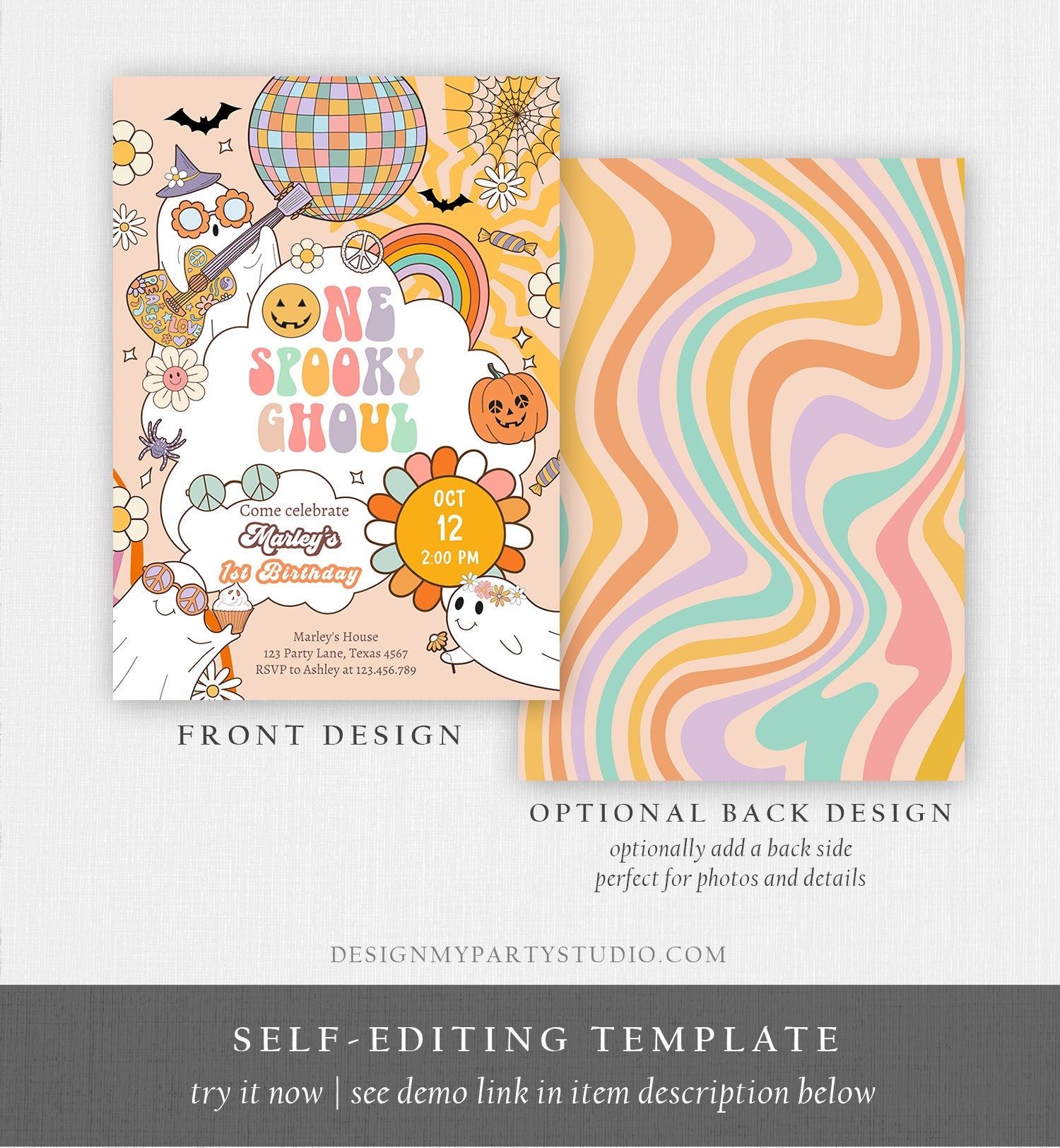 Editable One Spooky Ghoul Groovy Halloween 1st Birthday Invitation Pink Ghost Girl Spooktacular Download Printable Template Corjl 0009 0471