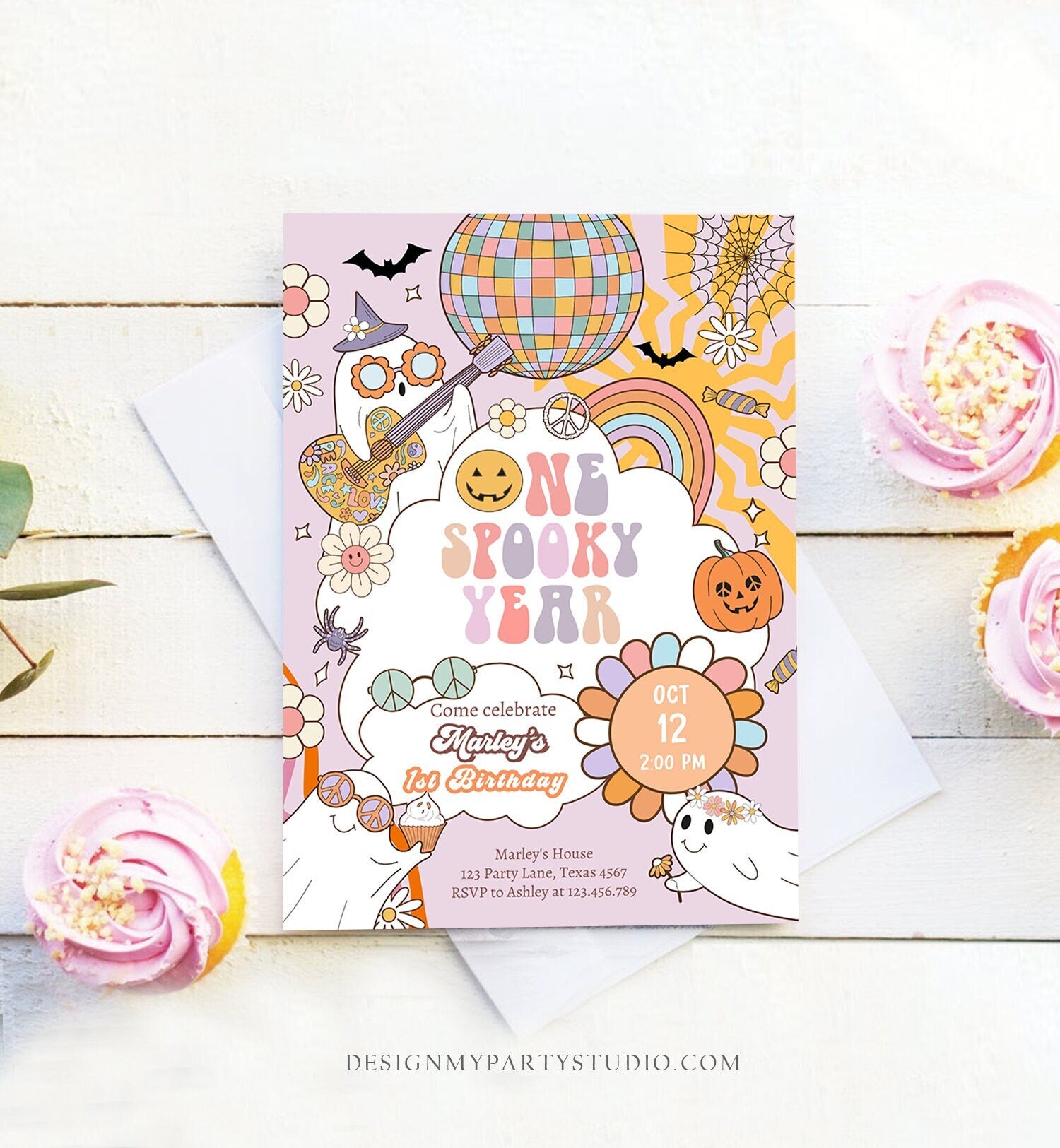 Editable One Spooky Year Groovy Halloween 1st Birthday Invitation Pink Ghost Girl Spooktacular Download Printable Template Corjl 0009 0471