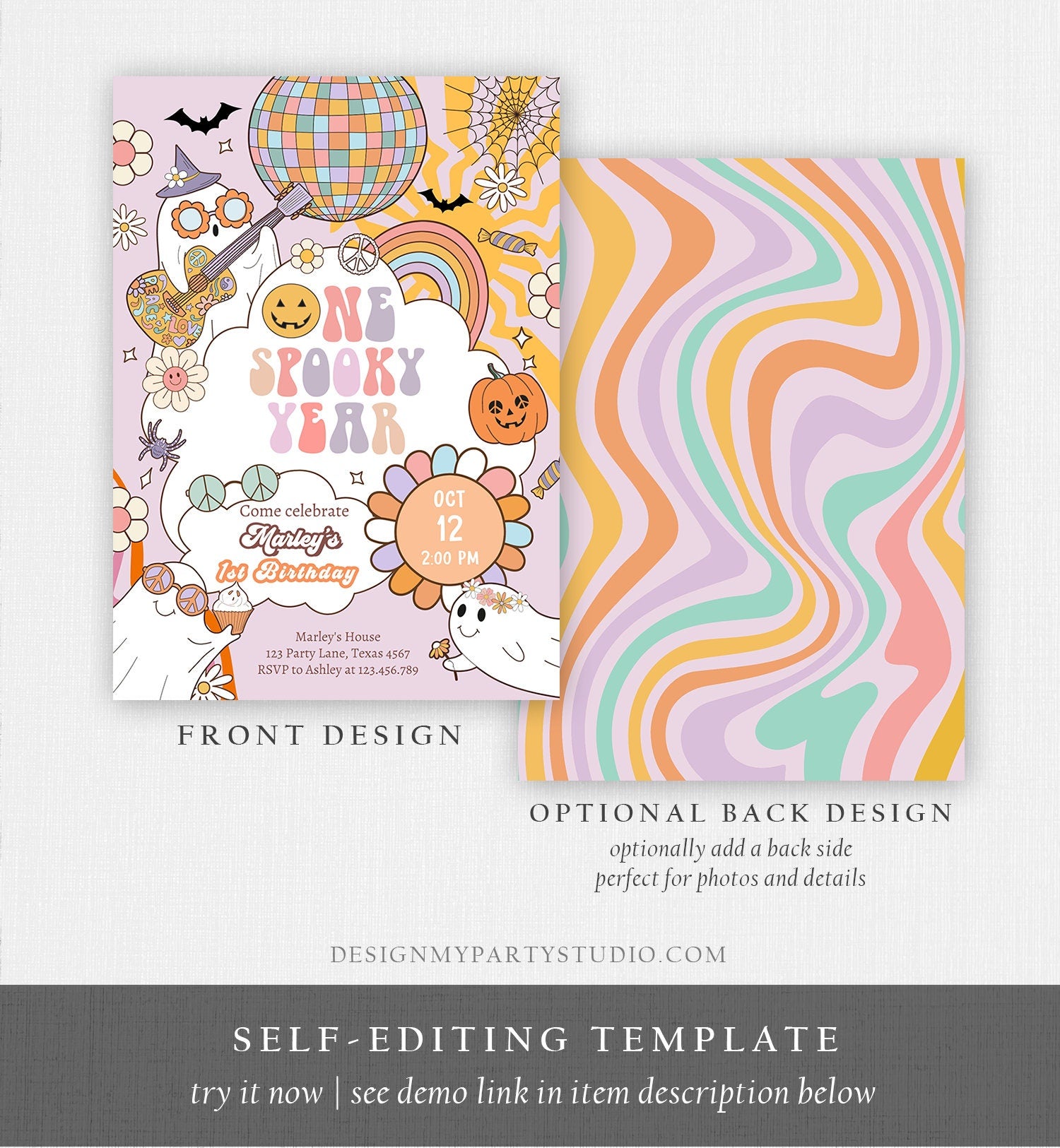 Editable One Spooky Ghoul Groovy Halloween 1st Birthday Invitation Pink Ghost Girl Spooktacular Download Printable Template Corjl 0009 0471