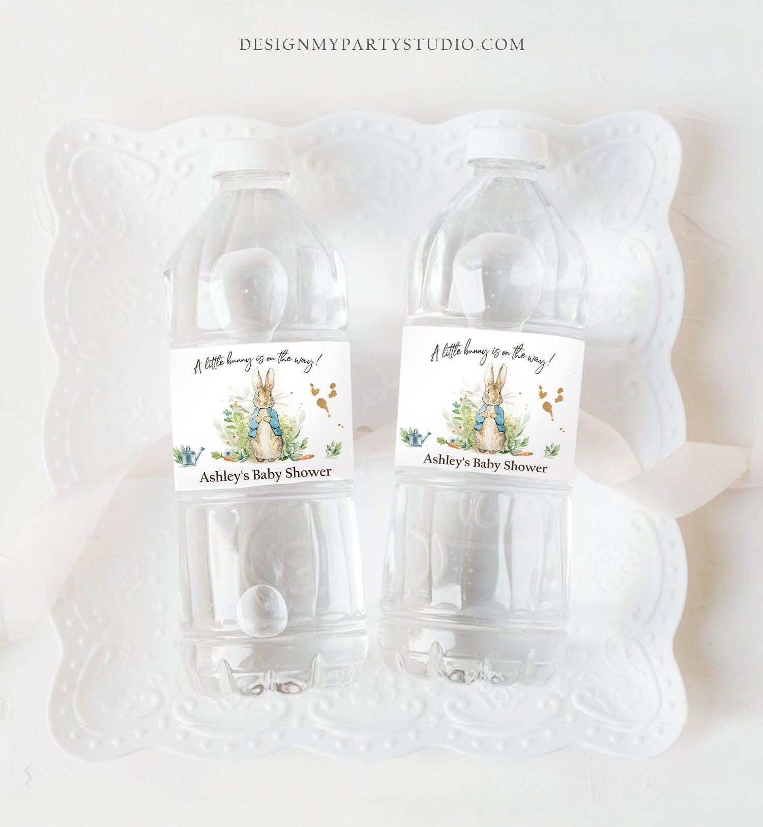 Editable Peter Rabbit Water Bottle Labels Peter Rabbit Party Decor Bunny Baby Shower Birthday Rustic Boy Blue Printable Template Corjl 0351