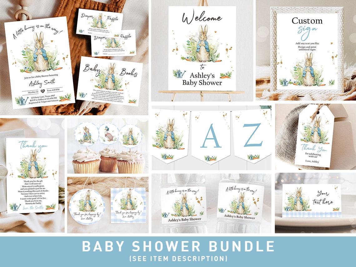 Peter Rabbit Baby Shower Invitation Bundle Sweet Little Bunny Party Pack Girl Package Printable Corjl Template 0351