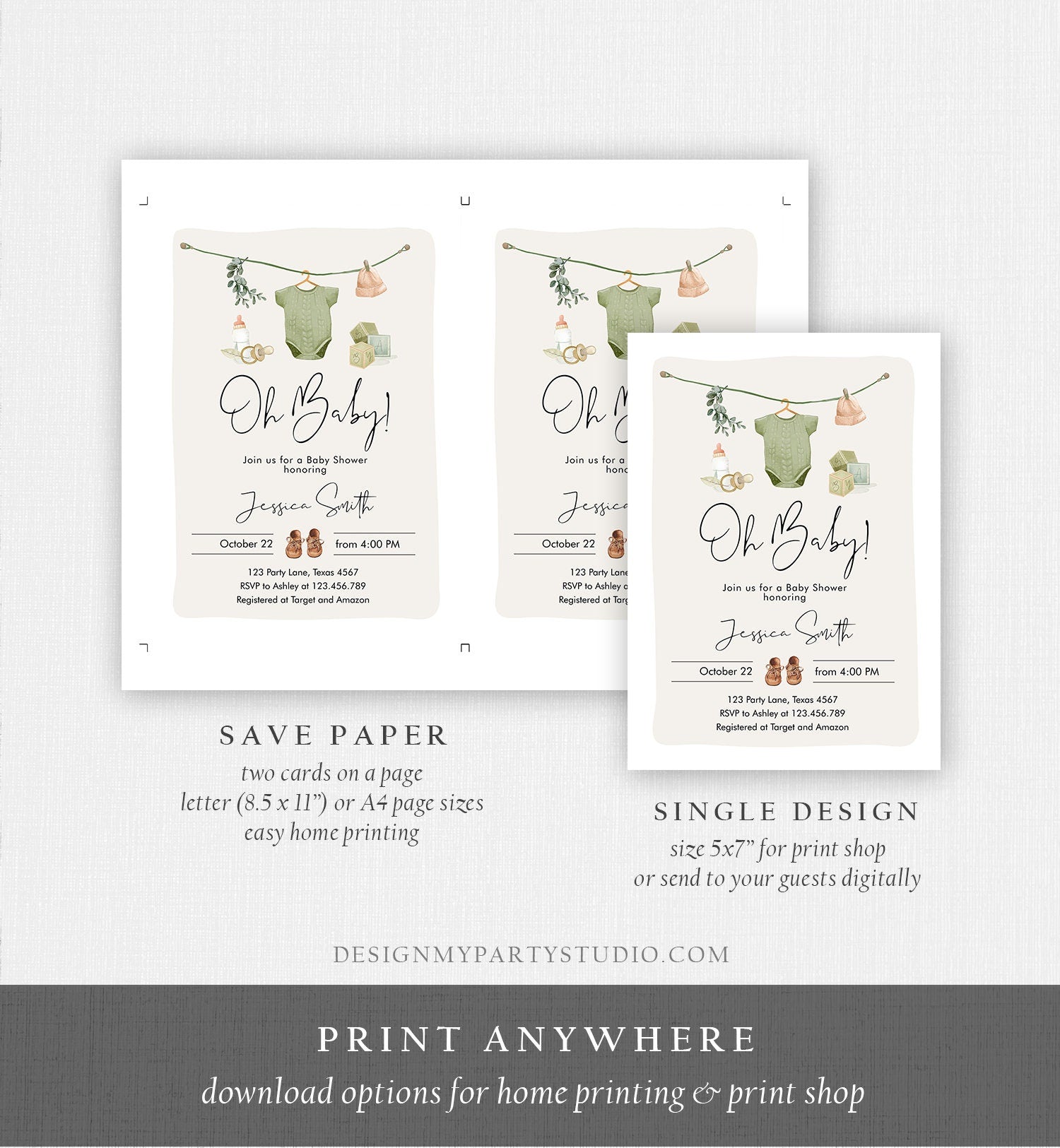 Editable Oh Baby Shower Invitation Boho Baby Shower Invitation Coed Shower Baby Clothes Rustic Boy Download Printable Template Corjl 0470