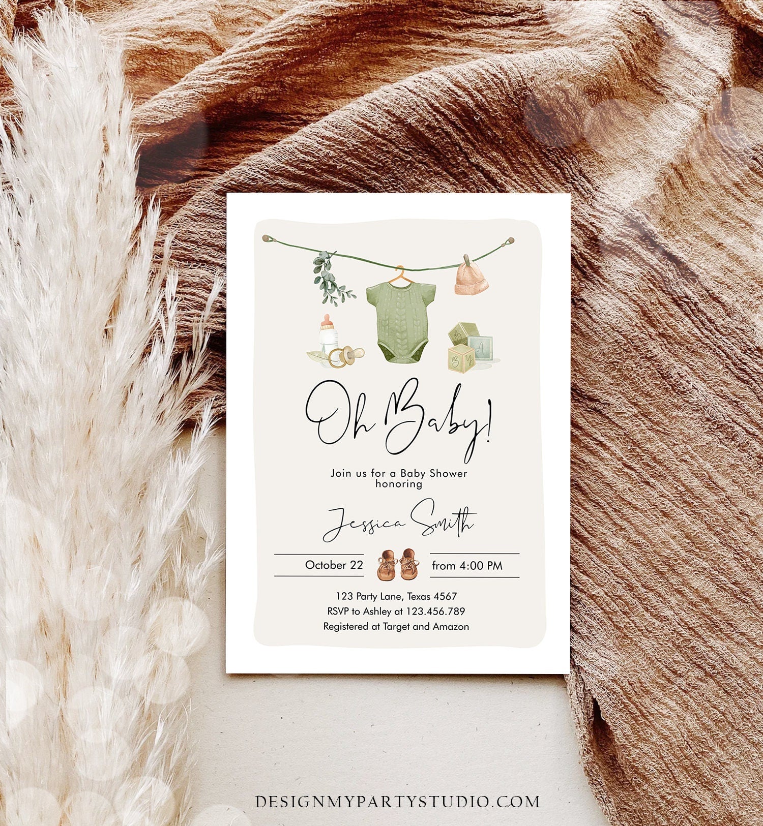 Editable Oh Baby Shower Invitation Boho Baby Shower Invitation Coed Shower Baby Clothes Rustic Boy Download Printable Template Corjl 0470