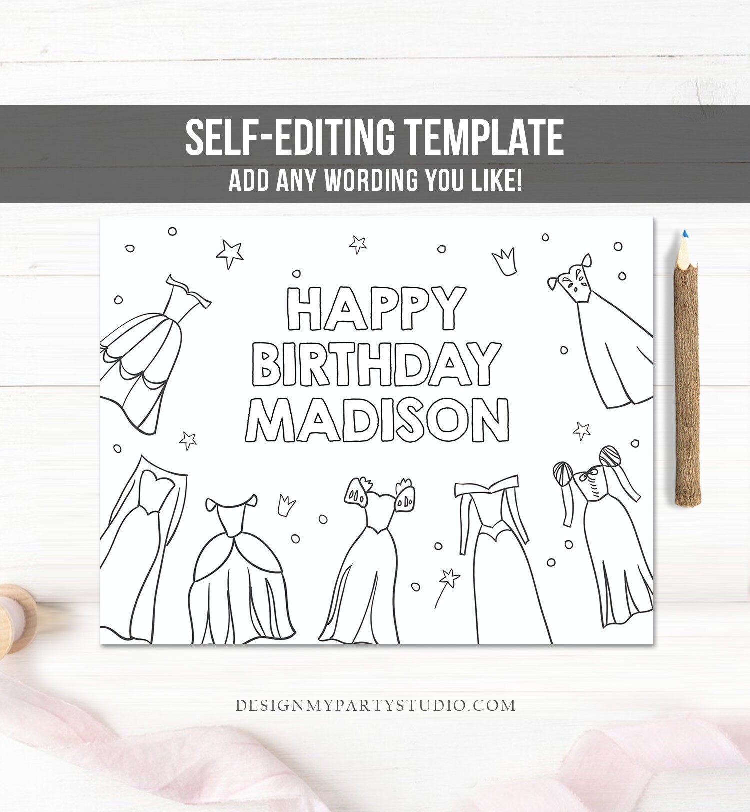 Editable Coloring Page Princess Birthday Party Activity Game Royal Birthday Magical Once Upon a Time Instant Download PRINTABLE Corjl 0462