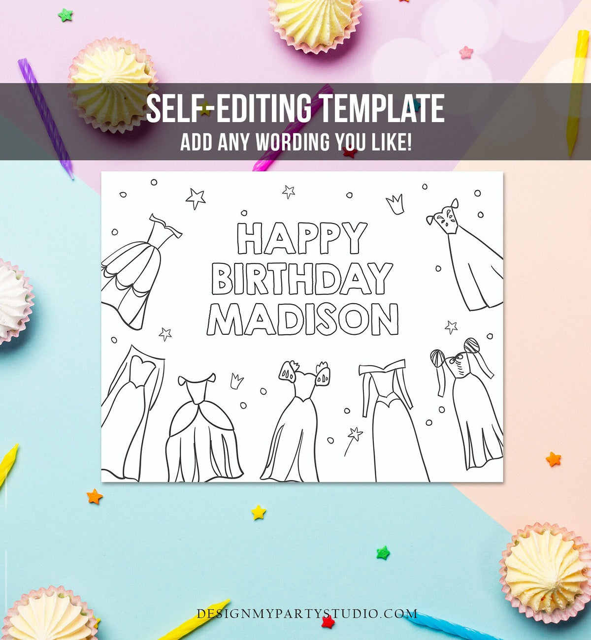 Editable Coloring Page Princess Birthday Party Activity Game Royal Birthday Magical Once Upon a Time Instant Download PRINTABLE Corjl 0462