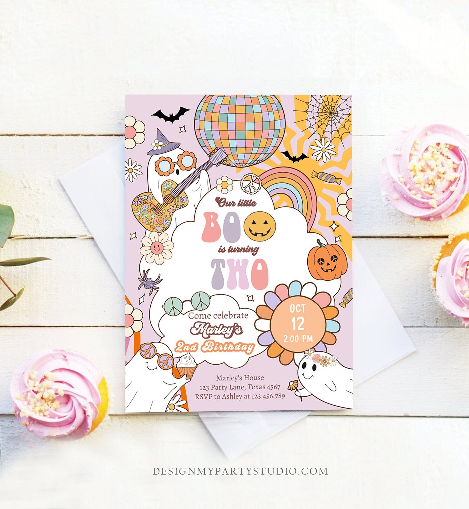 Editable Groovy Halloween 2nd Birthday Invitation Pink Ghost Party Girl Boo Spooktacular Spooky Party Download Printable Template Corjl 0471