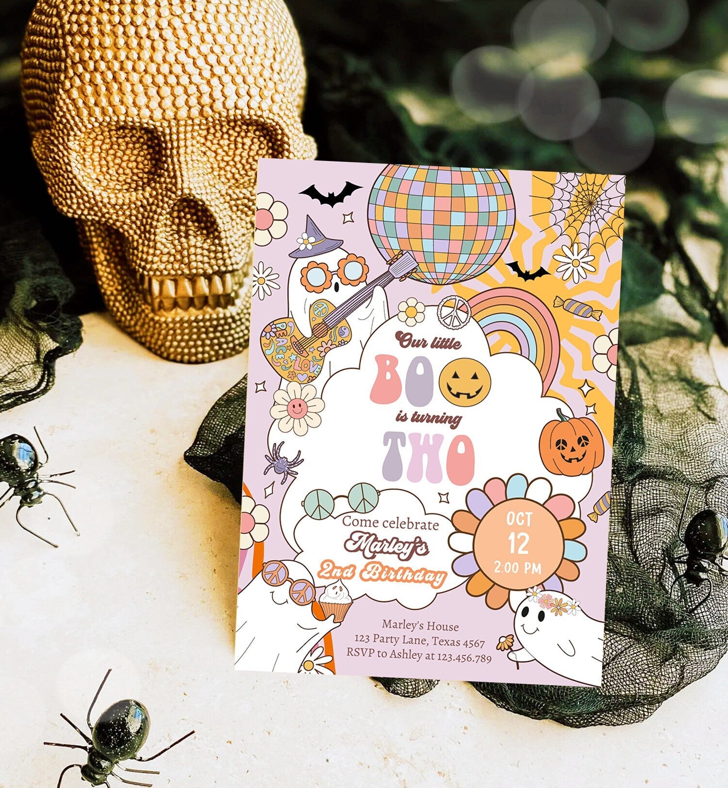 Editable Groovy Halloween 2nd Birthday Invitation Pink Ghost Party Girl Boo Spooktacular Spooky Party Download Printable Template Corjl 0471