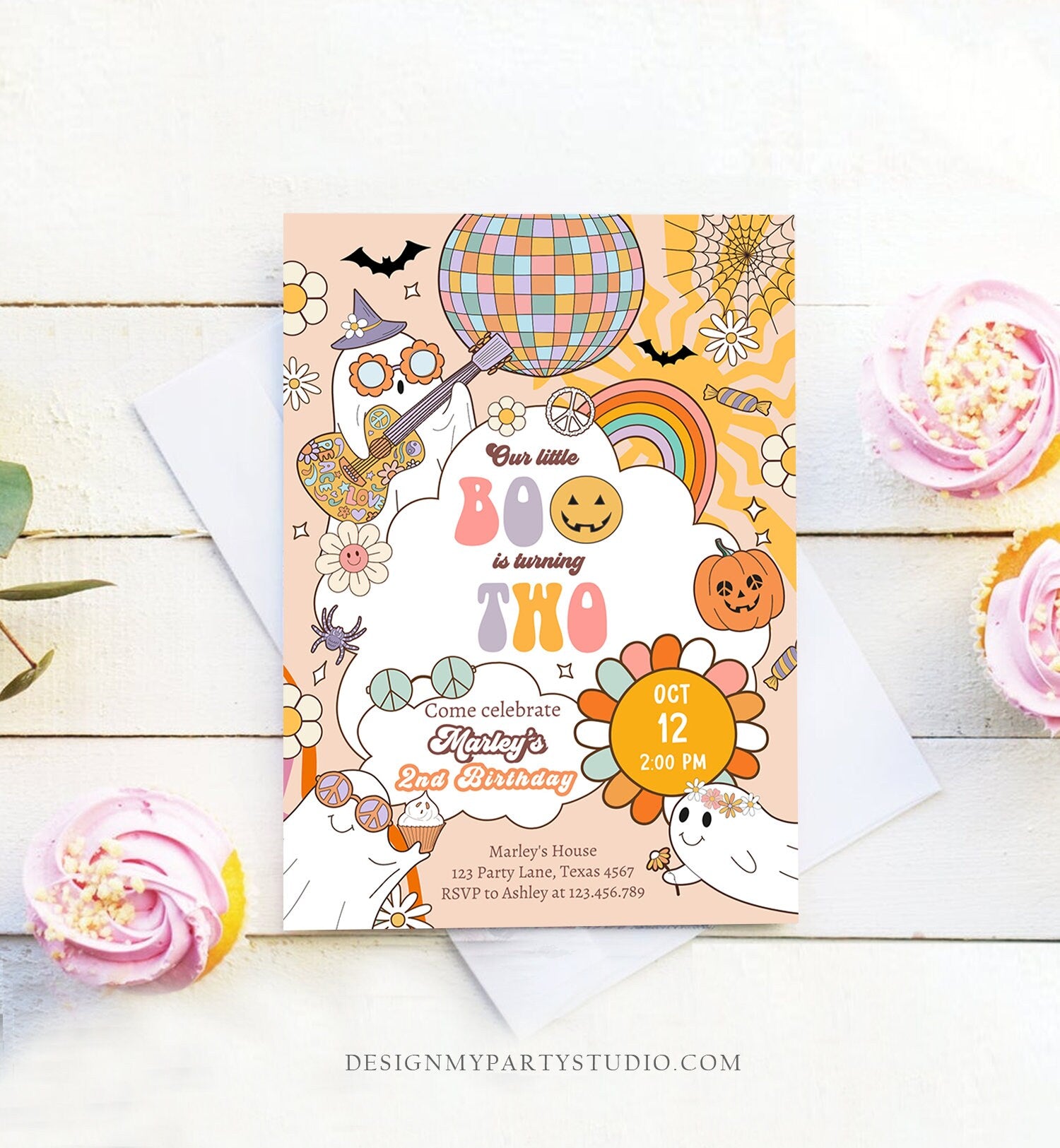 Editable Groovy Halloween 2nd Birthday Invitation Pink Ghost Party Girl Boo Spooktacular Spooky Party Download Printable Template Corjl 0471