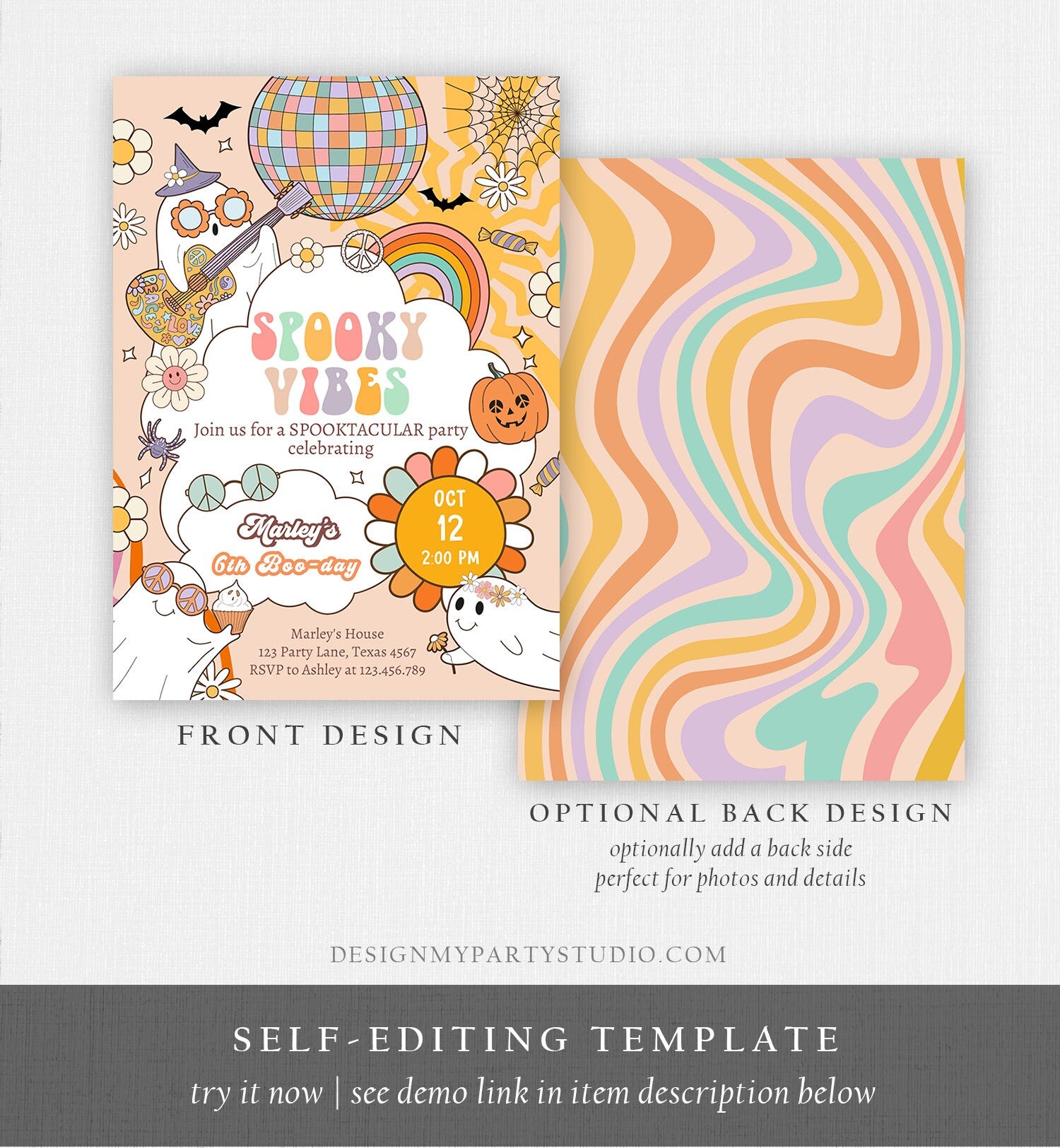 Editable Groovy Halloween Birthday Invitation Pink spooky Vibes Ghost Party Girl Spooktacular Spooky Download Printable Template Corjl 0471