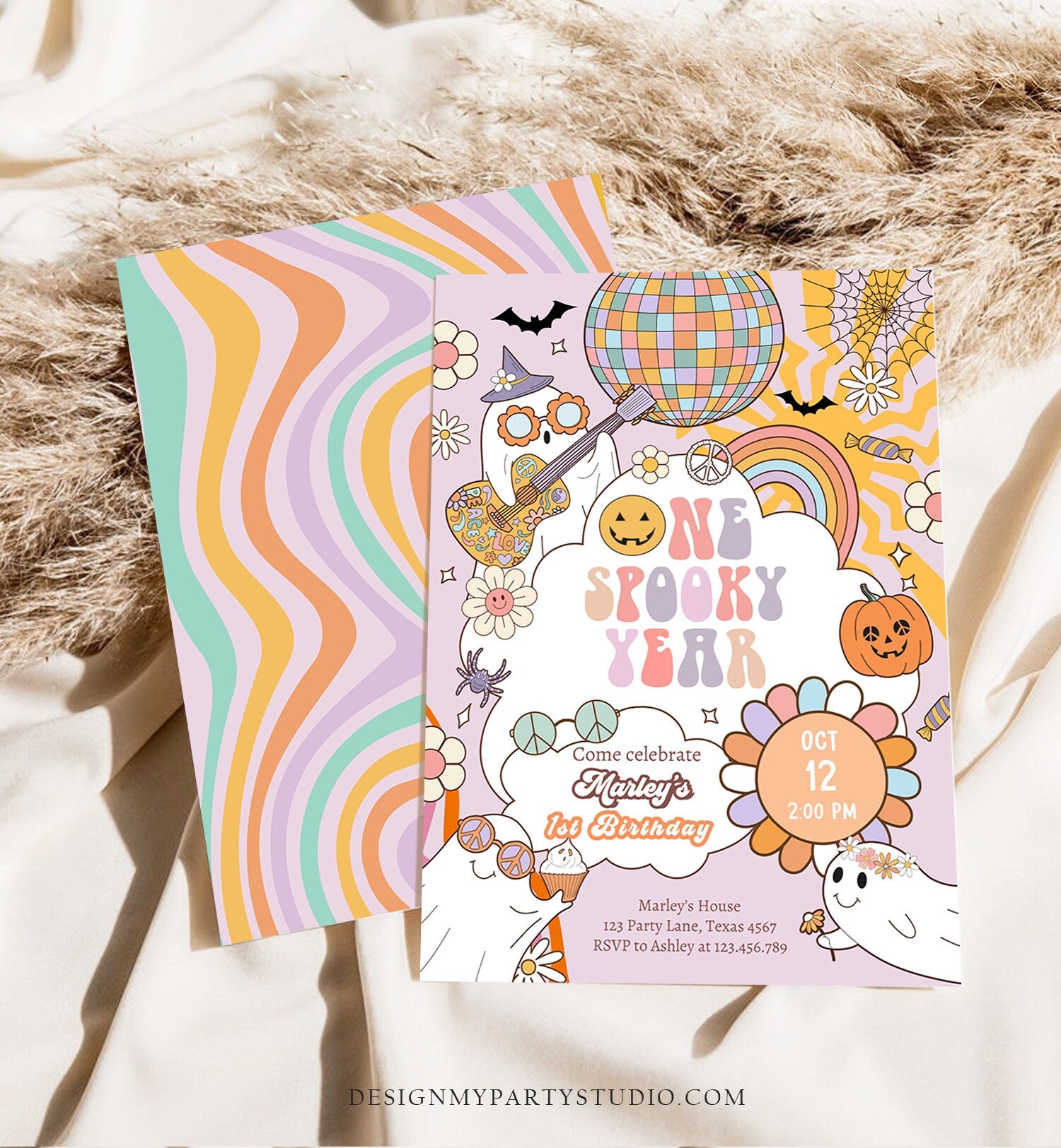 Editable One Spooky Year Groovy Halloween 1st Birthday Invitation Pink Ghost Girl Spooktacular Download Printable Template Corjl 0009 0471