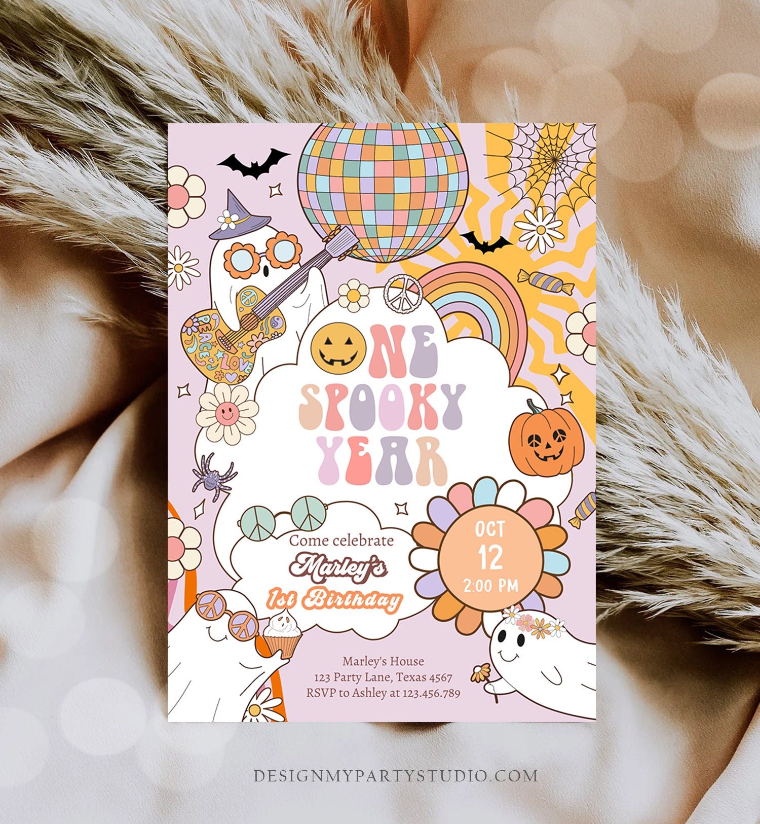 Editable One Spooky Ghoul Groovy Halloween 1st Birthday Invitation Pink Ghost Girl Spooktacular Download Printable Template Corjl 0009 0471