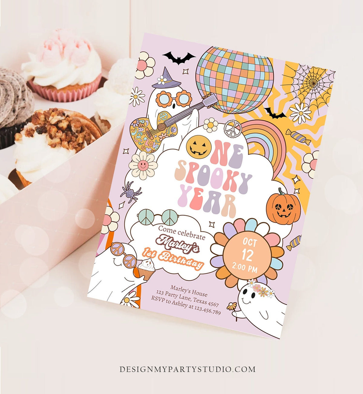 Editable One Spooky Ghoul Groovy Halloween 1st Birthday Invitation Pink Ghost Girl Spooktacular Download Printable Template Corjl 0009 0471