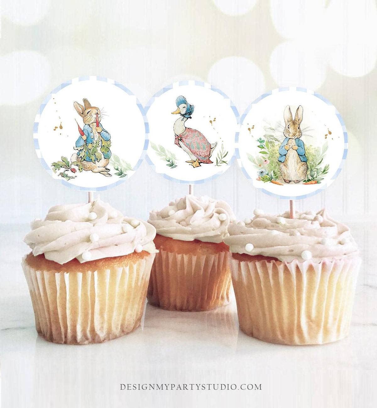 Peter Rabbit Cupcake Toppers Peter Rabbit 1st Baby Shower Party Decorations Boy Bunny Blue Stickers Tags Download Digital PRINTABLE 0351