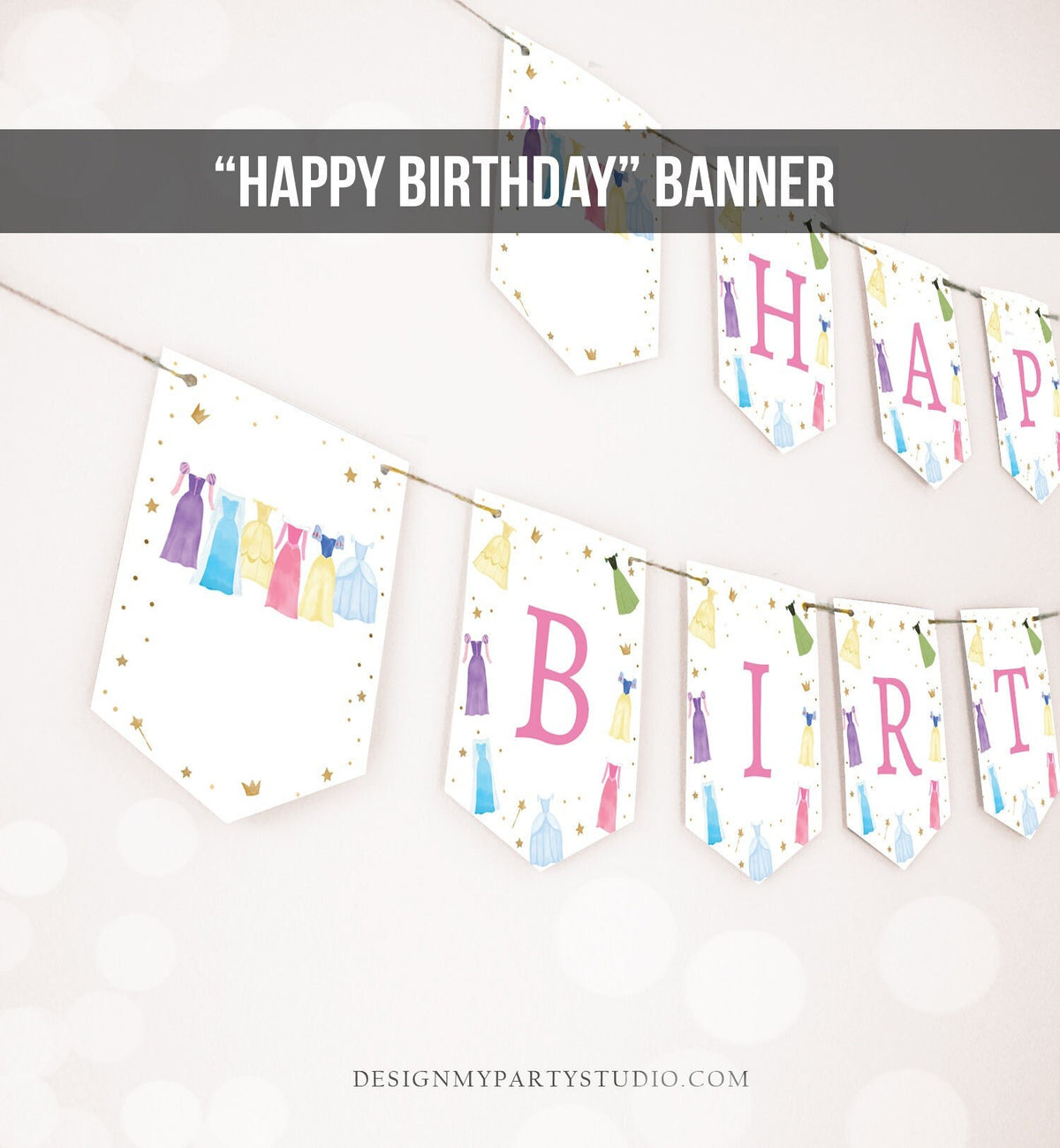 Happy Birthday Banner Princess Dresses Pin Birthday Banner Girl Princess Royal Birthday Decor Instant Download PRINTABLE DIGITAL DIY 0462