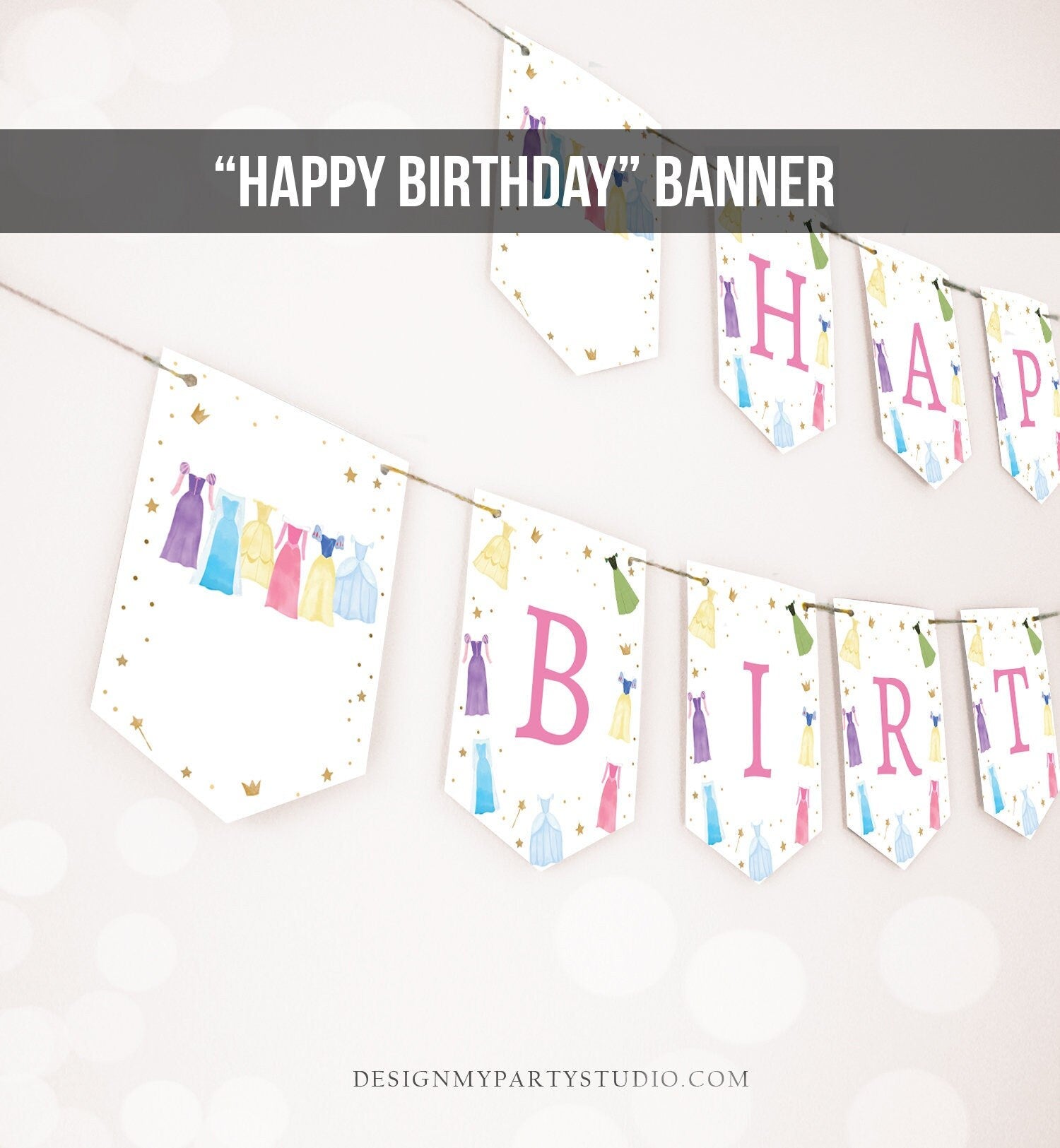 Happy Birthday Banner Princess Dresses Pin Birthday Banner Girl Princess Royal Birthday Decor Instant Download PRINTABLE DIGITAL DIY 0462