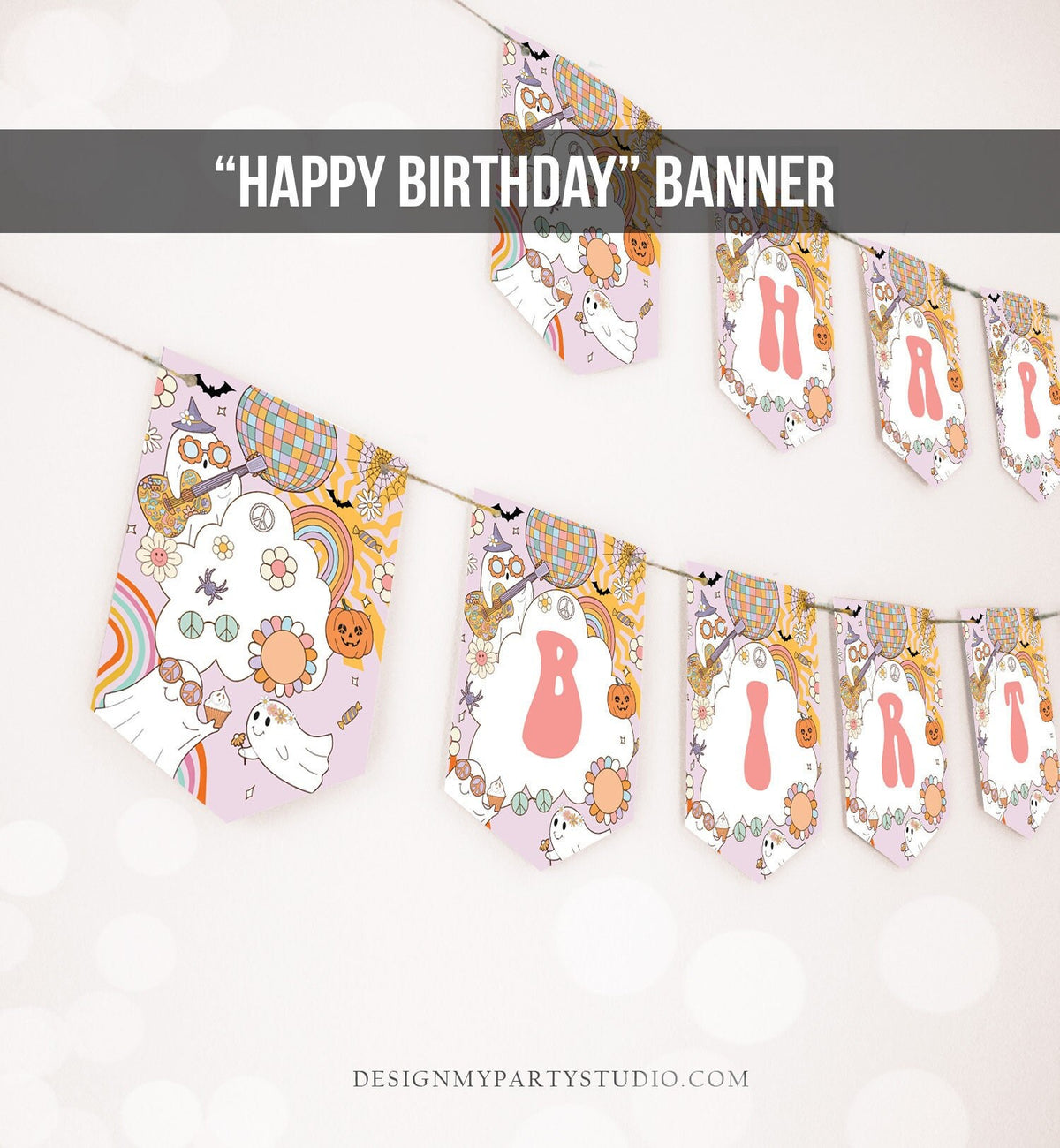 Happy Birthday Banner Groovy Birthday Banner Girl Retro Halloween Spooky Party Decor Boho Flower Rainbow 70&#39;s Hippie PRINTABLE DIGITAL 0471