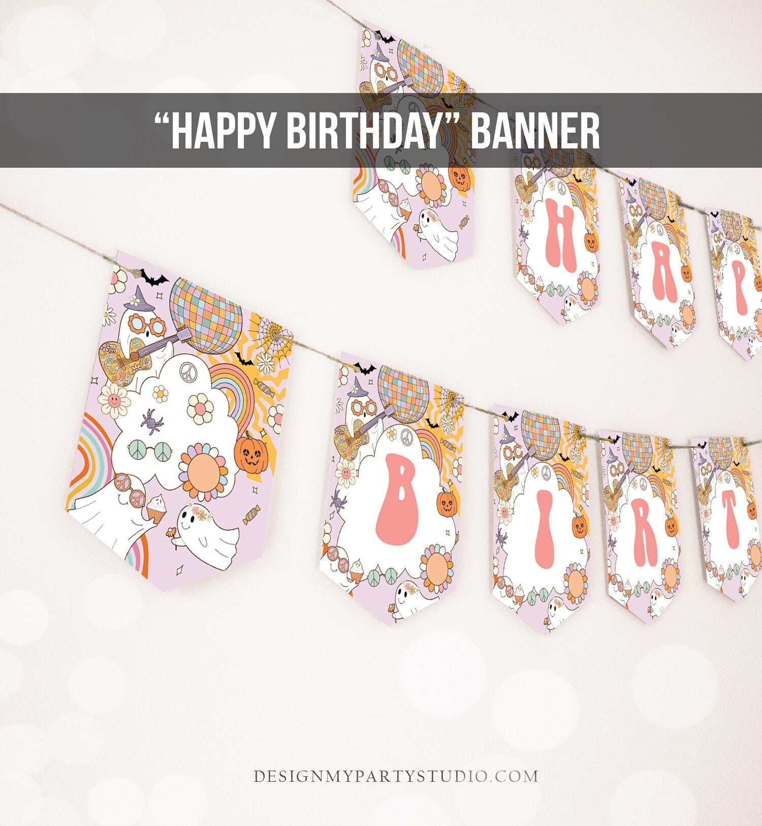 Happy Birthday Banner Groovy Birthday Banner Girl Retro Halloween Spooky Party Decor Boho Flower Rainbow 70's Hippie PRINTABLE DIGITAL 0471