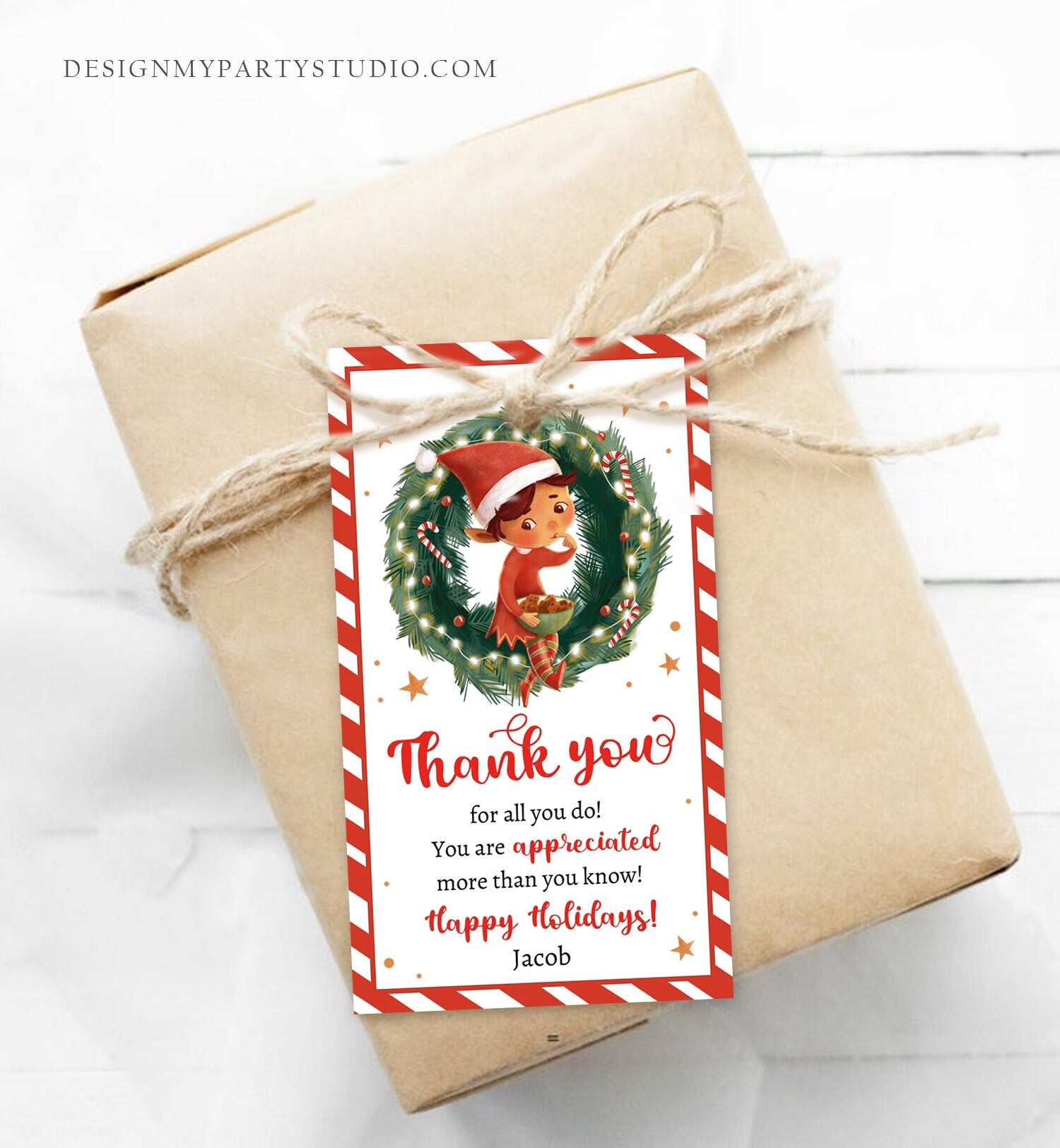 Editable Elf Christmas Thank You Favor Tag Cookie Gift Teacher Santa Claus Jingle Elf Holiday Merry Christmas Printable Template 0443 0481