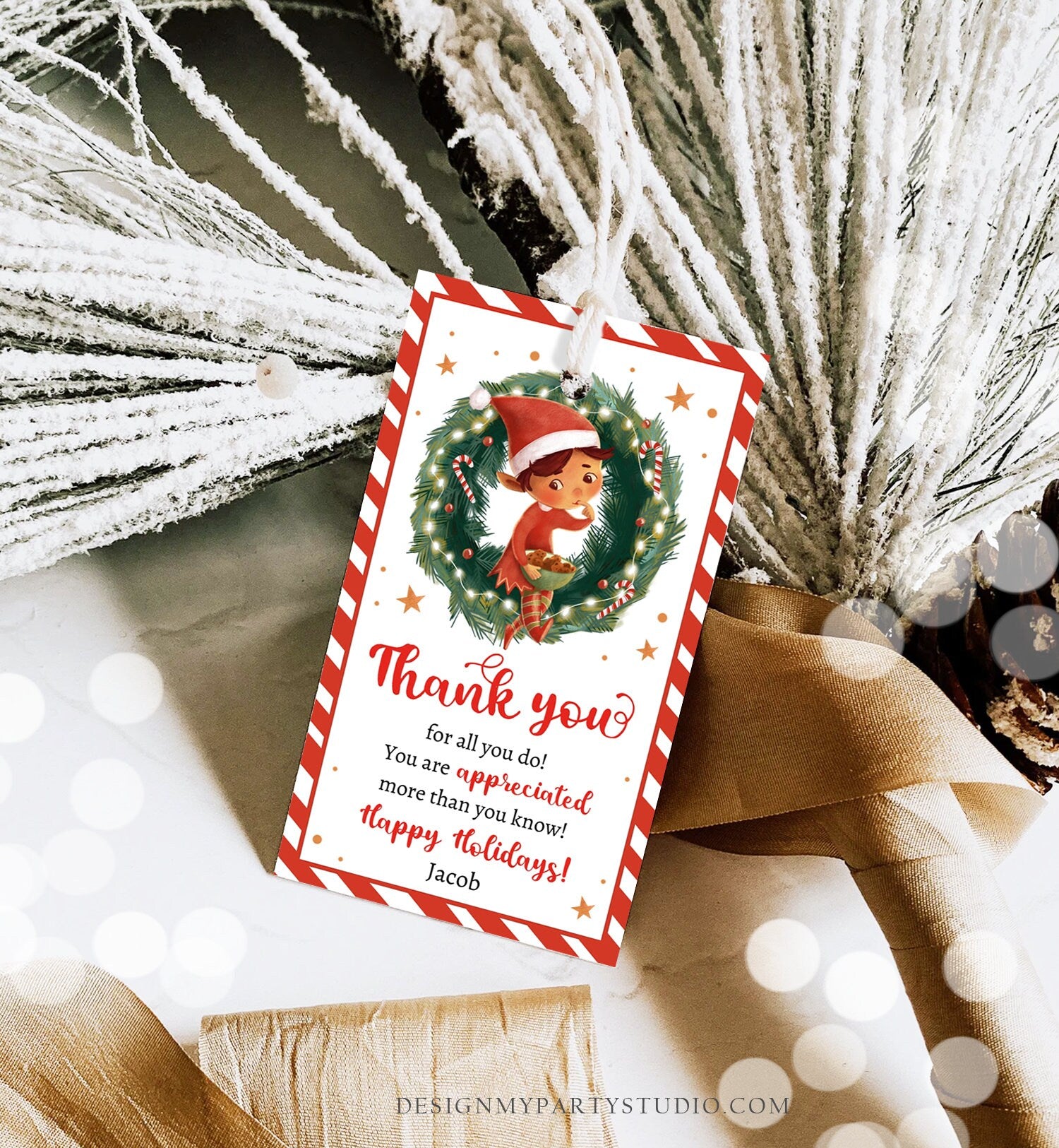 Editable Elf Christmas Thank You Favor Tag Cookie Gift Teacher Santa Claus Jingle Elf Holiday Merry Christmas Printable Template 0443 0481