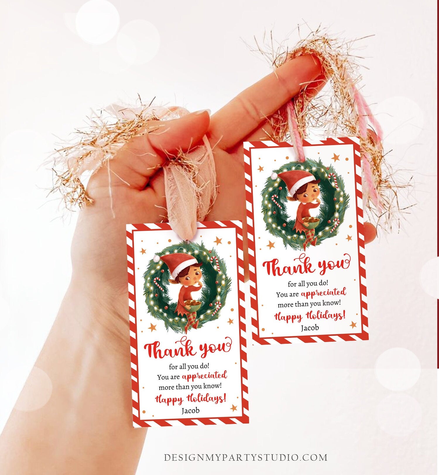 Editable Elf Christmas Thank You Favor Tag Cookie Gift Teacher Santa Claus Jingle Elf Holiday Merry Christmas Printable Template 0443 0481