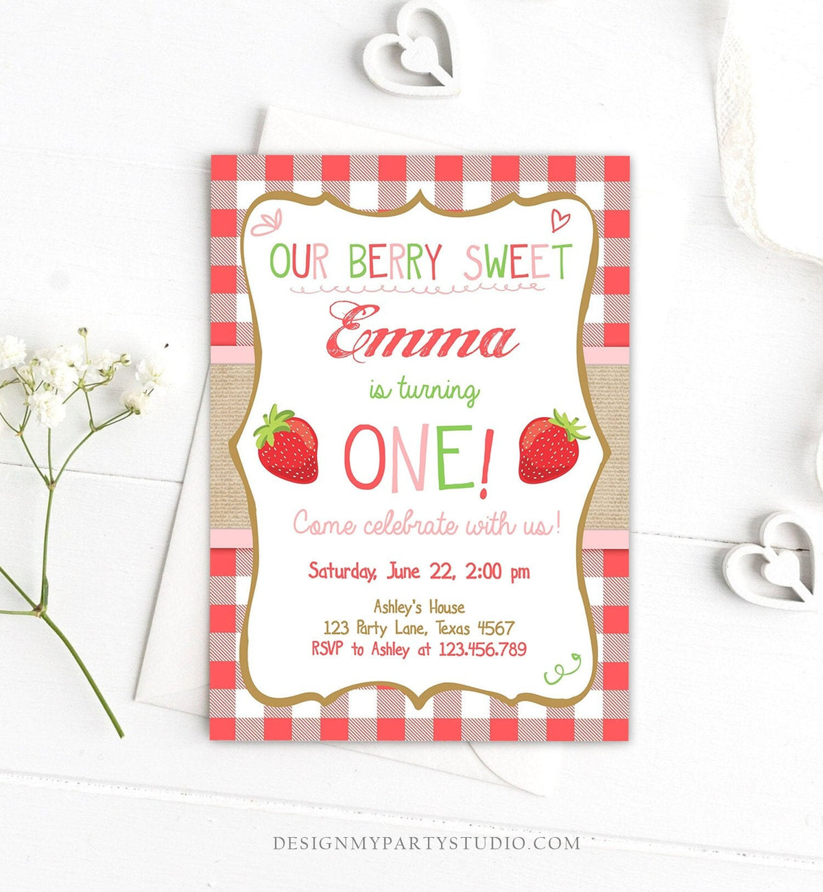 Editable Strawberry Birthday Invitation First Birthday Berry Sweet Girl Pink Download Printable Invite ANY AGE Template Corjl Digital 0091