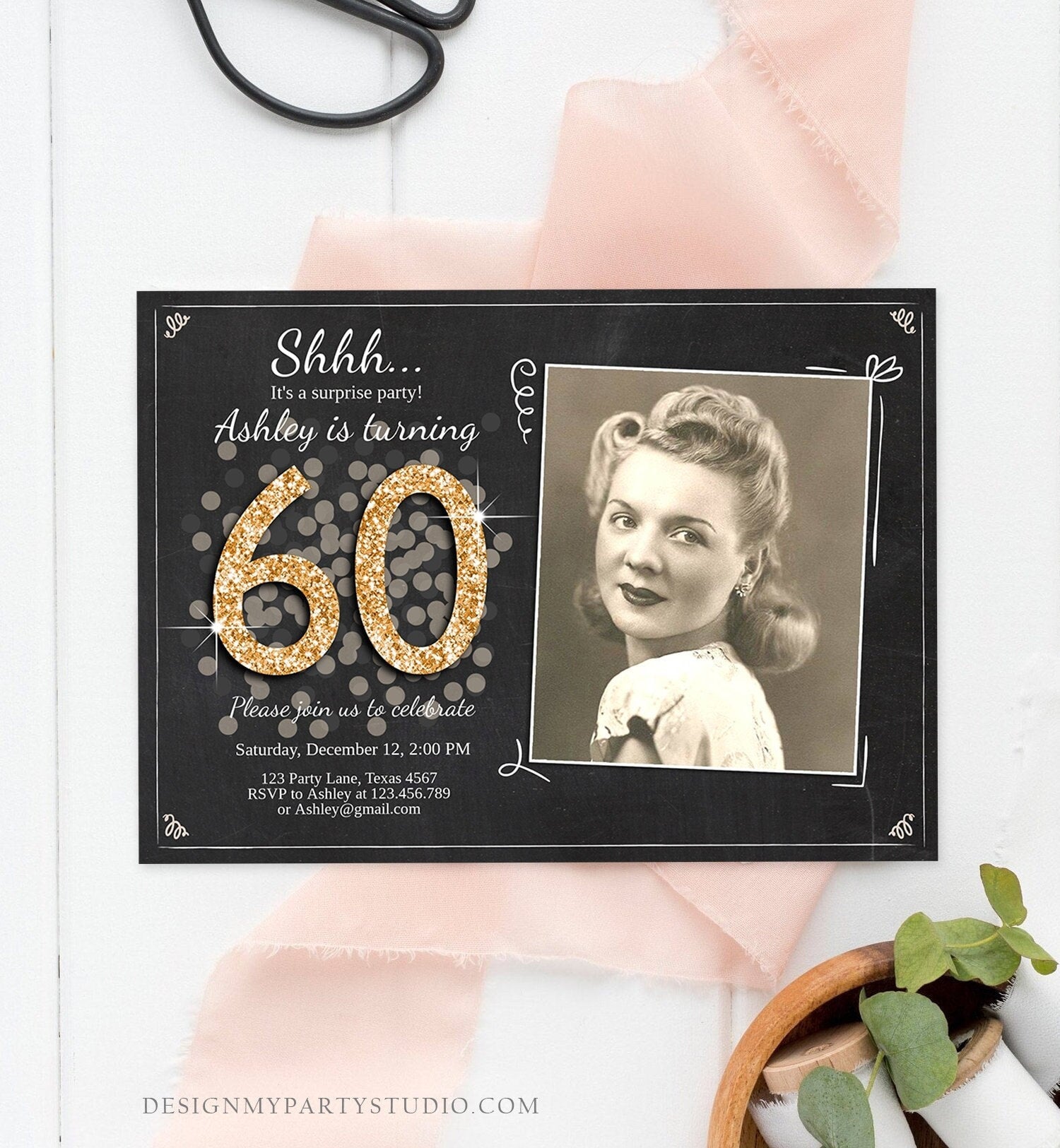 Editable ANY AGE Surprise Birthday Invitation Adult 60th Party Rustic Chalk Black Gold Glitter Photo Download Printable Corjl Template 0103