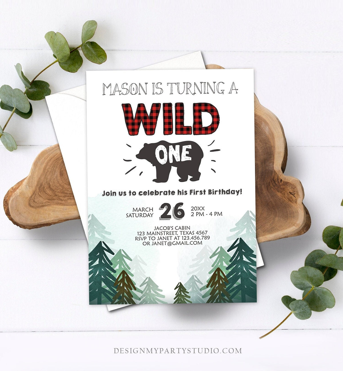 Editable Lumberjack Wild One Birthday Invitation First Birthday Forest Trees Red Plaid Outdoor Bear Boy 1st Printable Corjl Template 0377